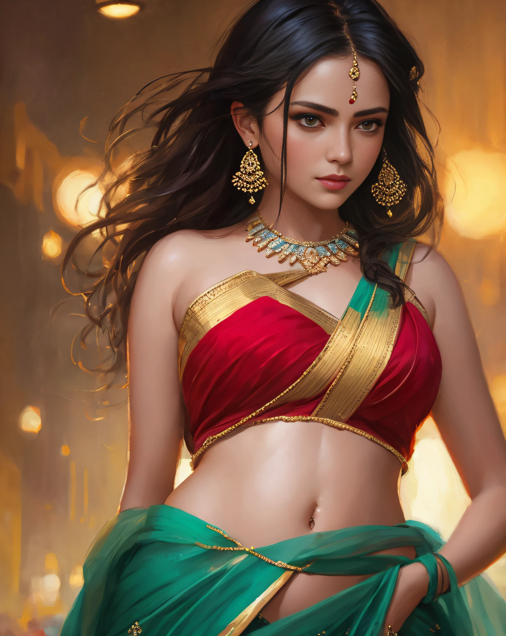 modelshoot style, (extremely detailed CG unity 8k wallpaper), full shot body photo of the most beautiful artwork in the world, stunningly beautiful photo realistic cute women in saree (navel:1.5), professional majestic oil painting by Ed Blinkey, Atey Ghailan, Studio Ghibli, by Jeremy Mann, Greg Manchess, Antonio Moro, trending on ArtStation, trending on CGSociety, Intricate, High Detail, Sharp focus, dramatic, photorealistic painting art by midjourney and greg rutkowski