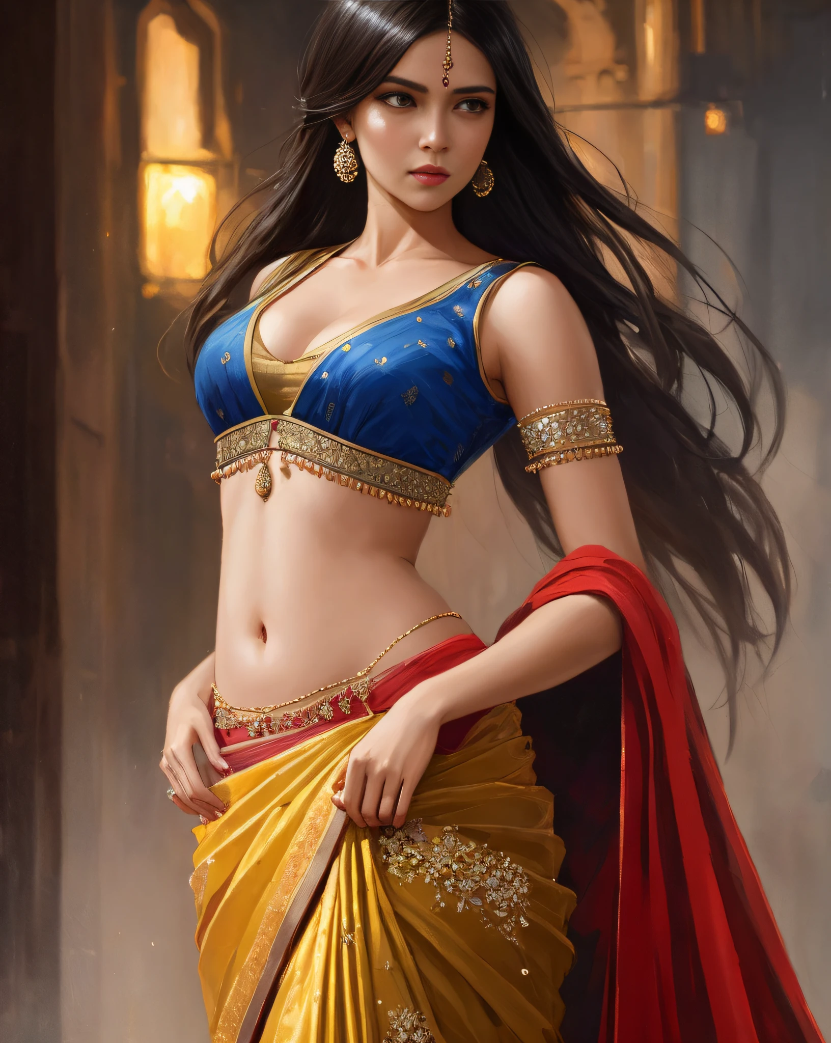 modelshoot style, (extremely detailed CG unity 8k wallpaper), full shot body photo of the most beautiful artwork in the world, stunningly beautiful photo realistic cute women in saree (navel:1.5), professional majestic oil painting by Ed Blinkey, Atey Ghailan, Studio Ghibli, by Jeremy Mann, Greg Manchess, Antonio Moro, trending on ArtStation, trending on CGSociety, Intricate, High Detail, Sharp focus, dramatic, photorealistic painting art by midjourney and greg rutkowski