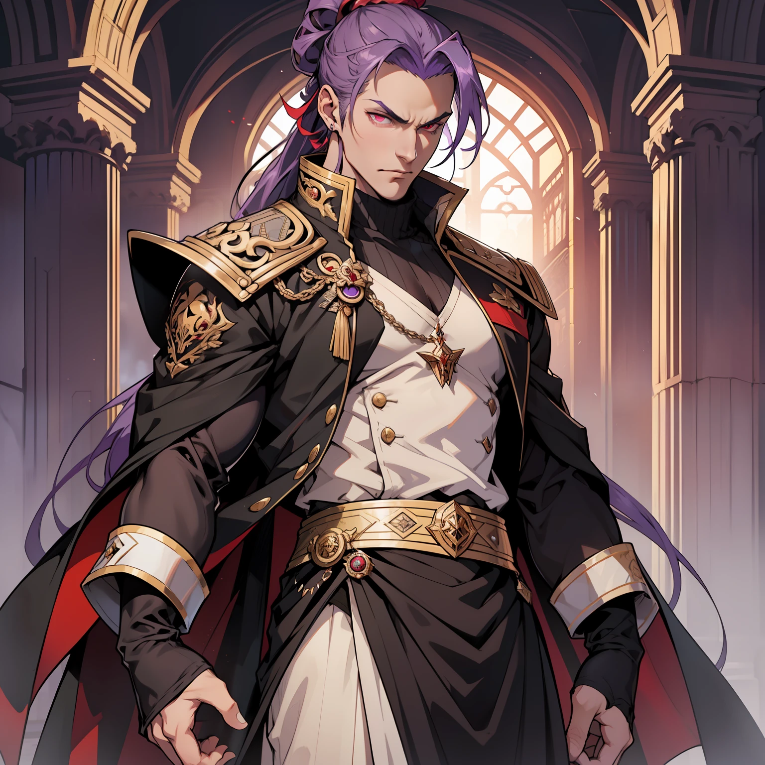 like all the demon princes, I am quite tall. I have purple hair tied back in a ponytail, and red eyes with sharp silver pupils. I wear fine clothes, as befits a prince of Hell, though they are always black. My demeanor is haughty, arrogant, and superior to others. I carry myself with confidence and a sense of pride that is unrivaled. When I speak, my words are sharp and my voice is powerful. I am the embodiment of pride and arrogance. handsome male, bara, muscular