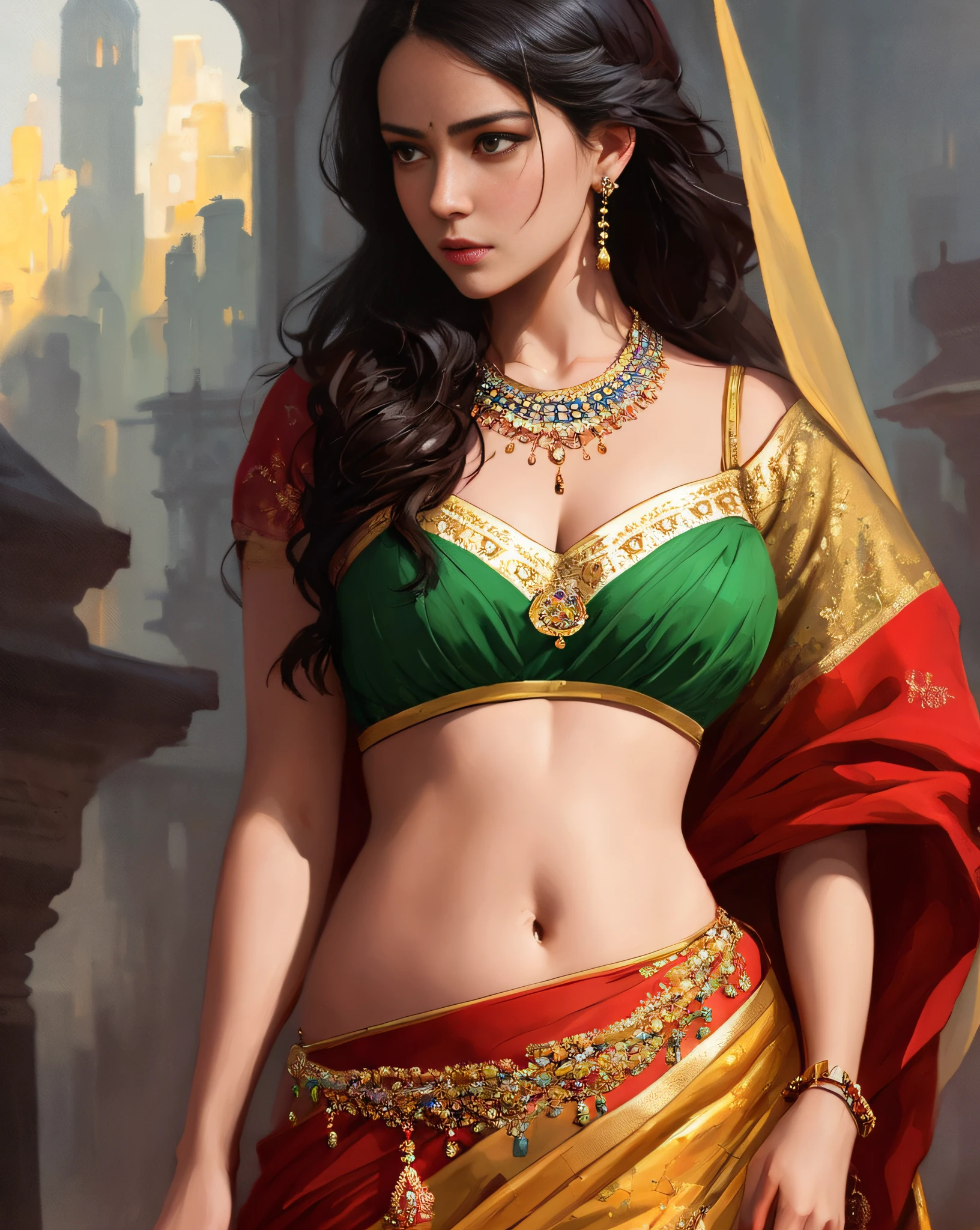 modelshoot style, (extremely detailed CG unity 8k wallpaper), full shot body photo of the most beautiful artwork in the world, stunningly beautiful photo realistic cute women in saree  (navel:1.5), professional majestic oil painting by Ed Blinkey, Atey Ghailan, Studio Ghibli, by Jeremy Mann, Greg Manchess, Antonio Moro, trending on ArtStation, trending on CGSociety, Intricate, High Detail, Sharp focus, dramatic, photorealistic painting art by midjourney and greg rutkowski