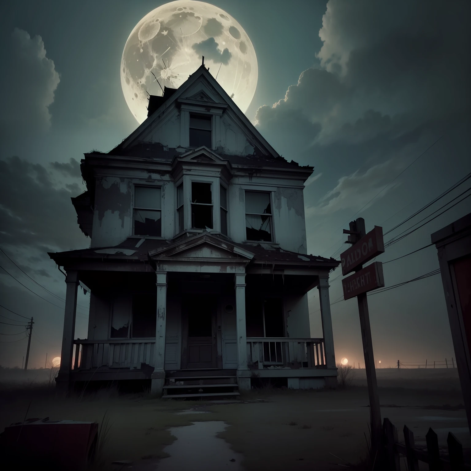 Footage of the gloomy facade of an old abandoned house in the light of the full moon