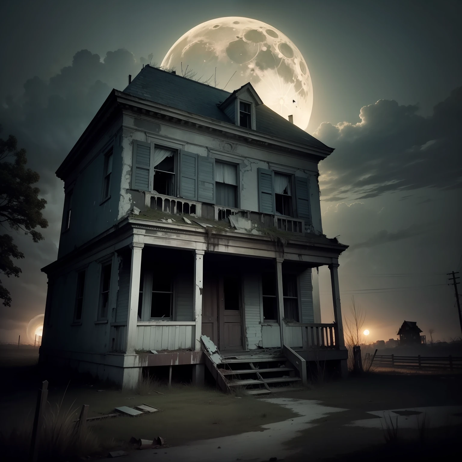 Footage of the gloomy facade of an old abandoned house in the light of the full moon