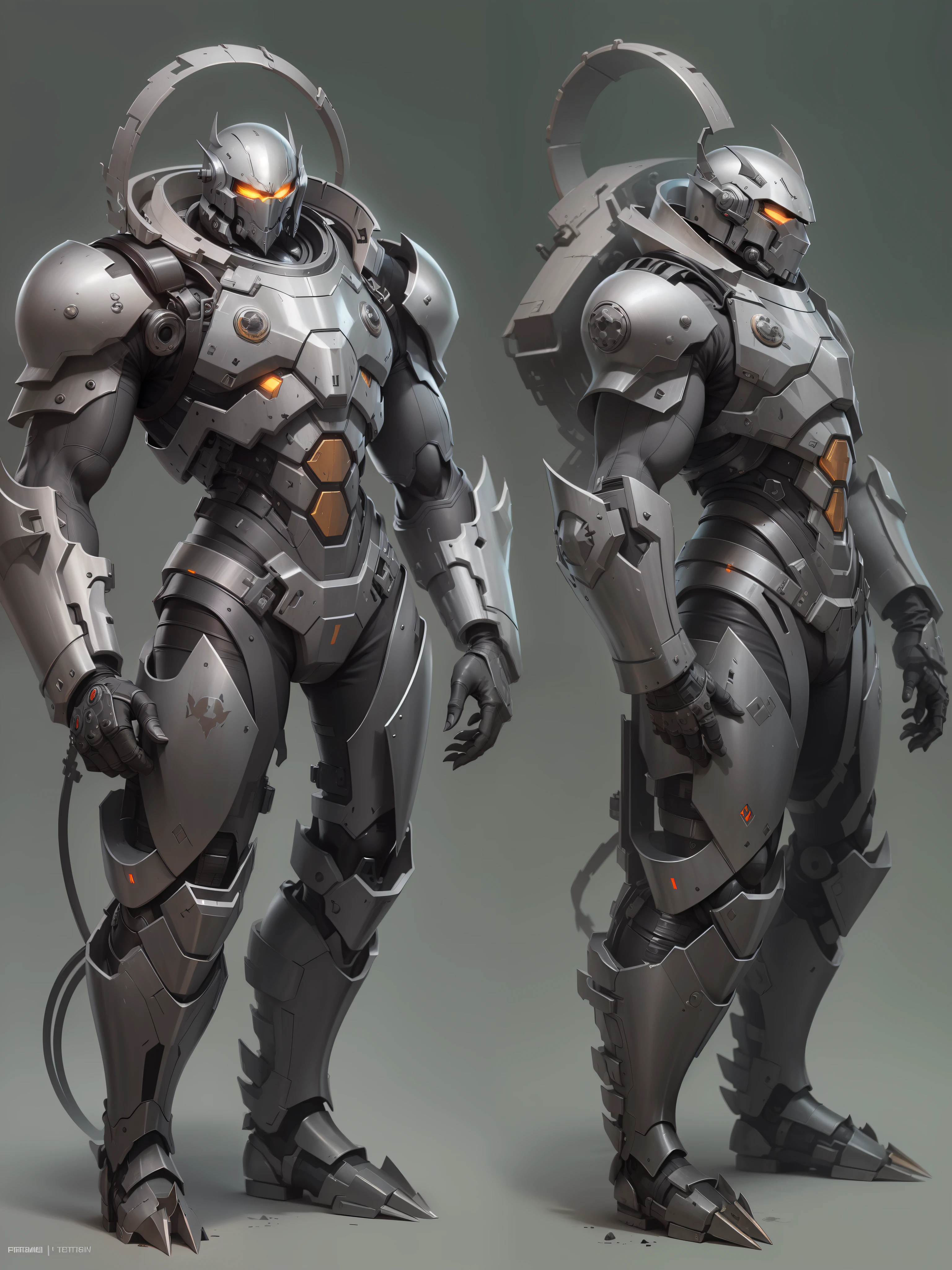 Killer Cyborg, Ferrous metal, armored helmet on the head, Brutal, Character design, hiquality, crisp detailing, ((((Full-length)))), (((MATTE GRAY BACKGROUND)))