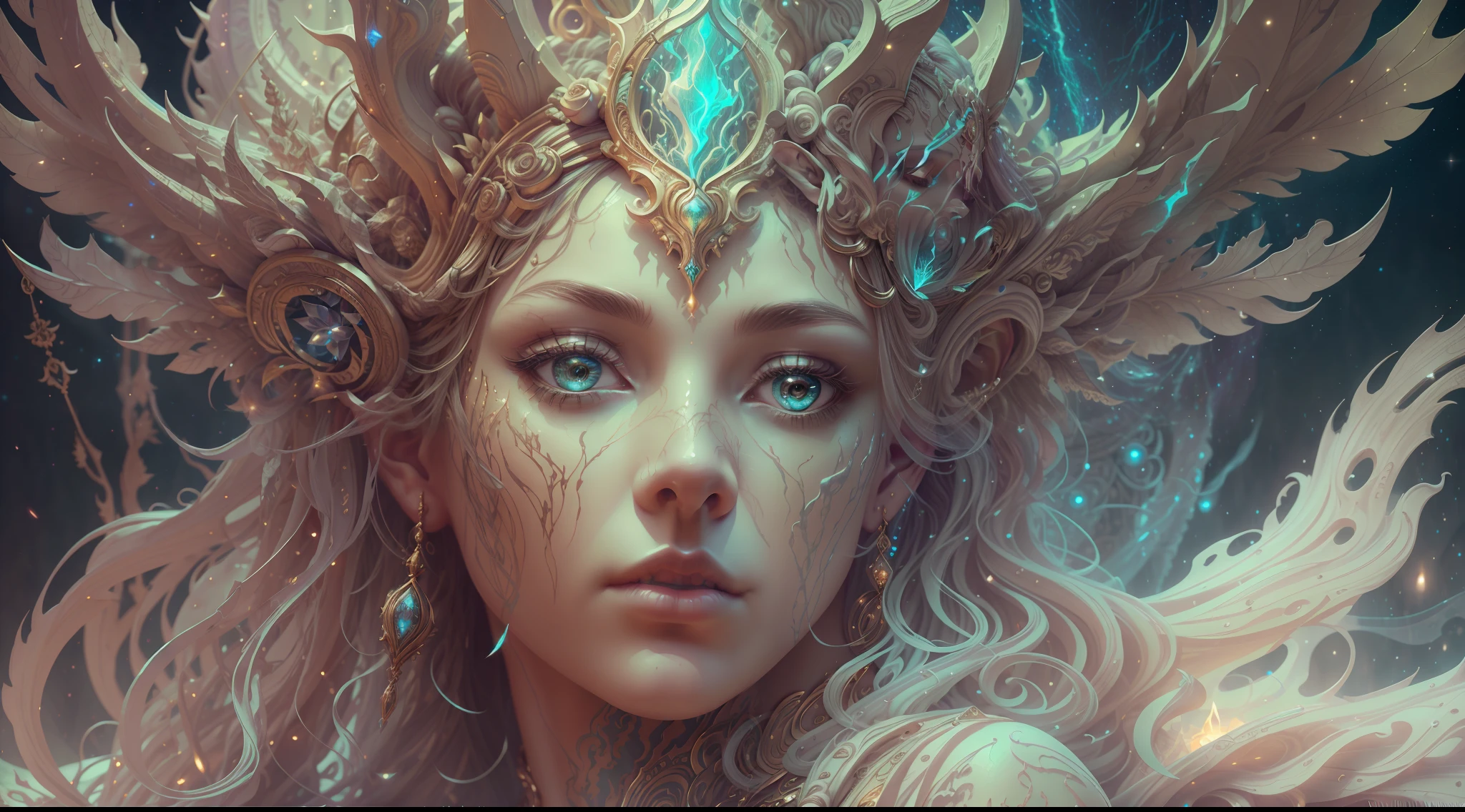 Eldritch, Harsh ancient gods in the night storm, Cloaked in a starry sky, [[Sophia Anne Caruso]], [zendaya], Translucent ivory prosthetic Eldridge horror, Erotic pose, Cinematic lighting, (By (Daniel Mernagh) (Carne Griffiths) Monika Nowak), Highly detailed, Detailed face, Soft body, Alien, Close-up of a goddess with a crown on her head, goddes, The upper part of the body，sideface, a stunning portrait of a goddess, Fantasy art Behance, goddes, Extremely high detail, Trending ArtStation, Deviantart ArtStation CGSCOSIETY, extremely detailed goddess shot, trending on artstation 4k, 3 d goddess portrait, hindu aesthetic, trends in art station