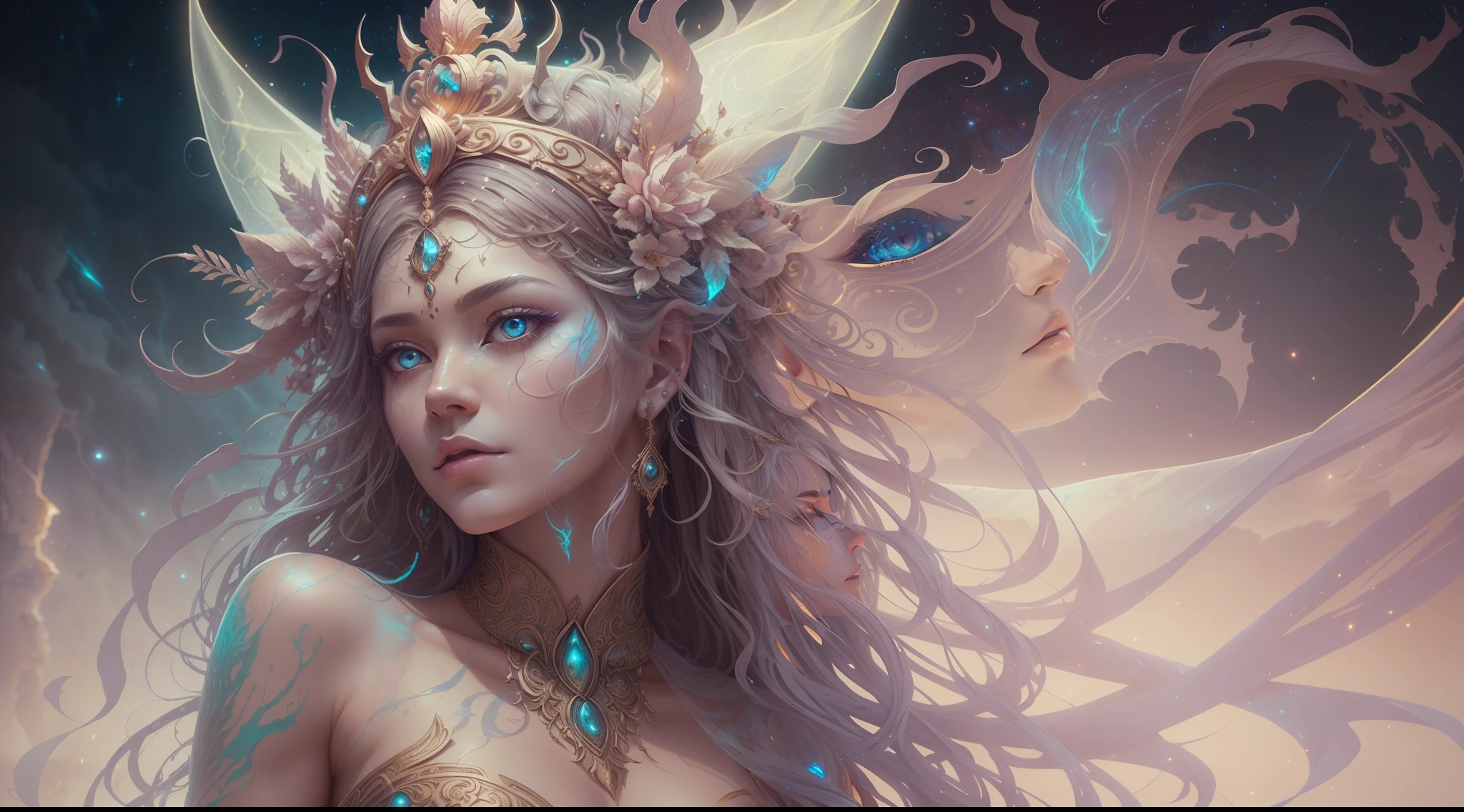 Eldritch, Harsh ancient gods in the night storm, Cloaked in a starry sky, [[Sophia Anne Caruso]], [zendaya], Translucent ivory prosthetic Eldridge horror, Erotic pose, Cinematic lighting, (By (Daniel Mernagh) (Carne Griffiths) Monika Nowak), Highly detailed, Detailed face, Soft body, Alien, Close-up of a goddess with a crown on her head, goddes, The upper part of the body，sideface, a stunning portrait of a goddess, Fantasy art Behance, goddes, Extremely high detail, Trending ArtStation, Deviantart ArtStation CGSCOSIETY, extremely detailed goddess shot, trending on artstation 4k, 3 d goddess portrait, hindu aesthetic, trends in art station
