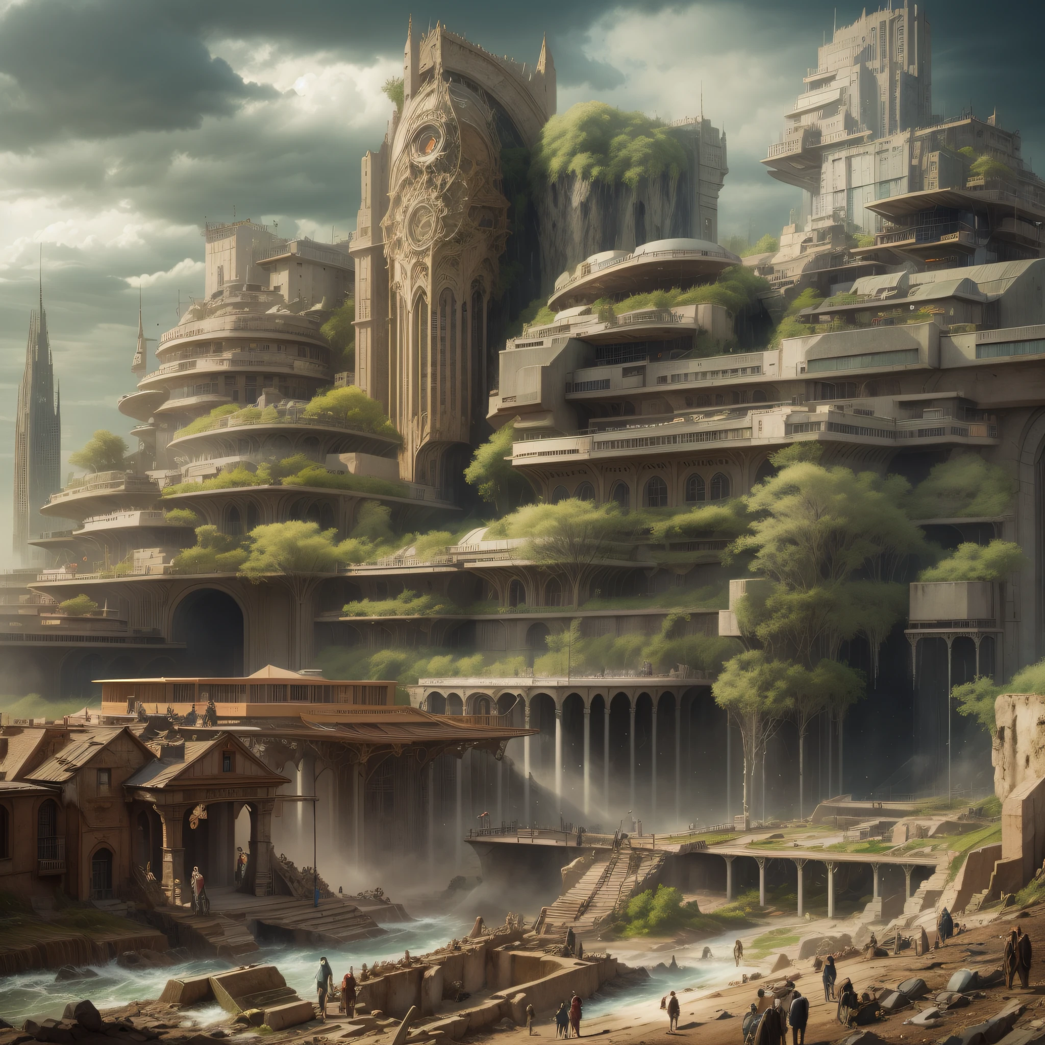 basado_en_la_pelicula_prometeus__la_tripulacion_pasea_por_una_ciudad_con_enormes_edificios_y_estructuras_altamente_tecnologicas. principalmente echas de plata, oro y bronce.
