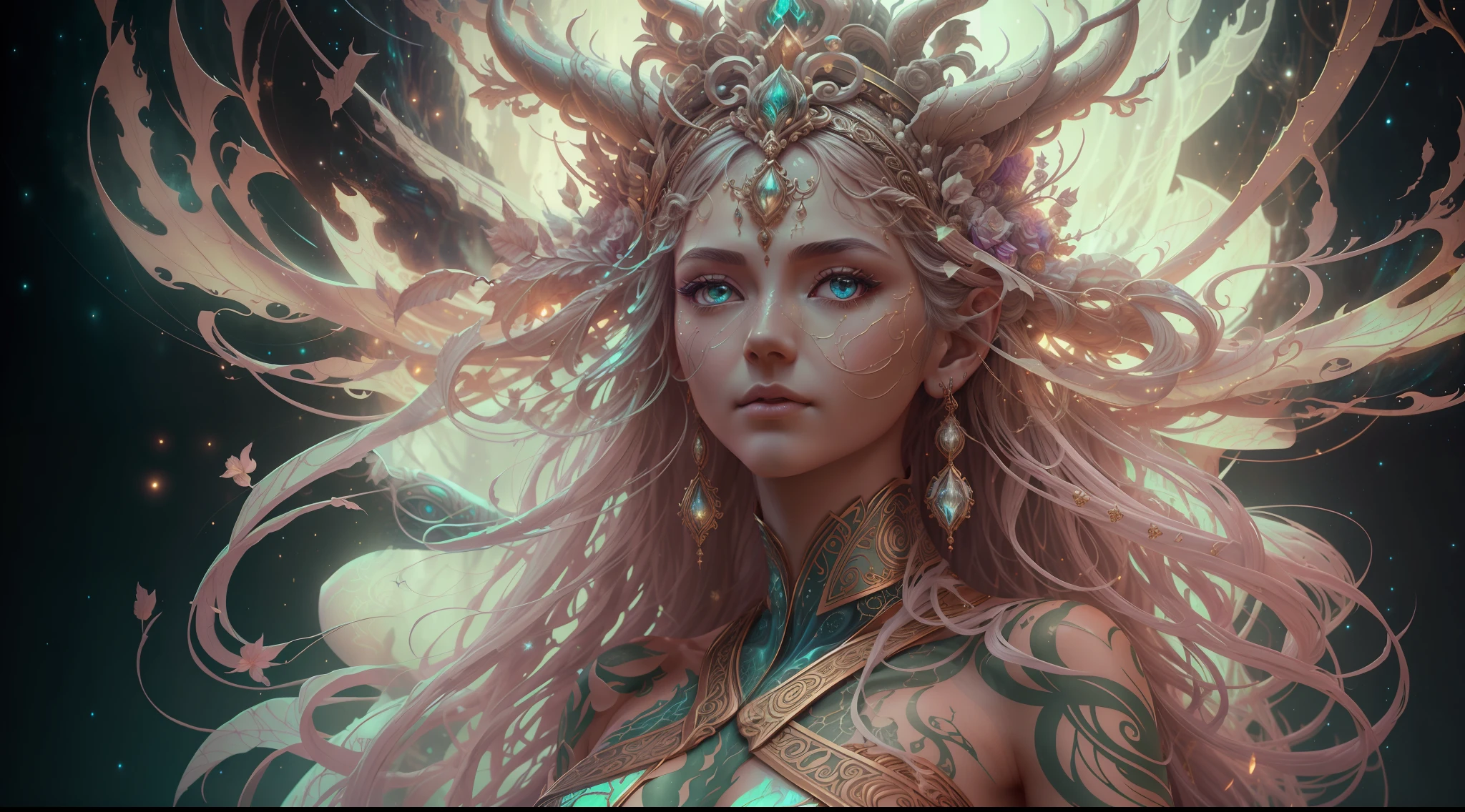 Eldritch, Harsh ancient gods in the night storm, Cloaked in a starry sky, [[Sophia Anne Caruso]], [zendaya], Translucent ivory prosthetic Eldridge horror, Erotic pose, Cinematic lighting, (By (Daniel Mernagh) (Carne Griffiths) Monika Nowak), Highly detailed, Detailed face, Soft body, Alien, Close-up of a goddess with a crown on her head, goddes, The upper part of the body，sideface, a stunning portrait of a goddess, Fantasy art Behance, goddes, Extremely high detail, Trending ArtStation, Deviantart ArtStation CGSCOSIETY, extremely detailed goddess shot, trending on artstation 4k, 3 d goddess portrait, hindu aesthetic, trends in art station