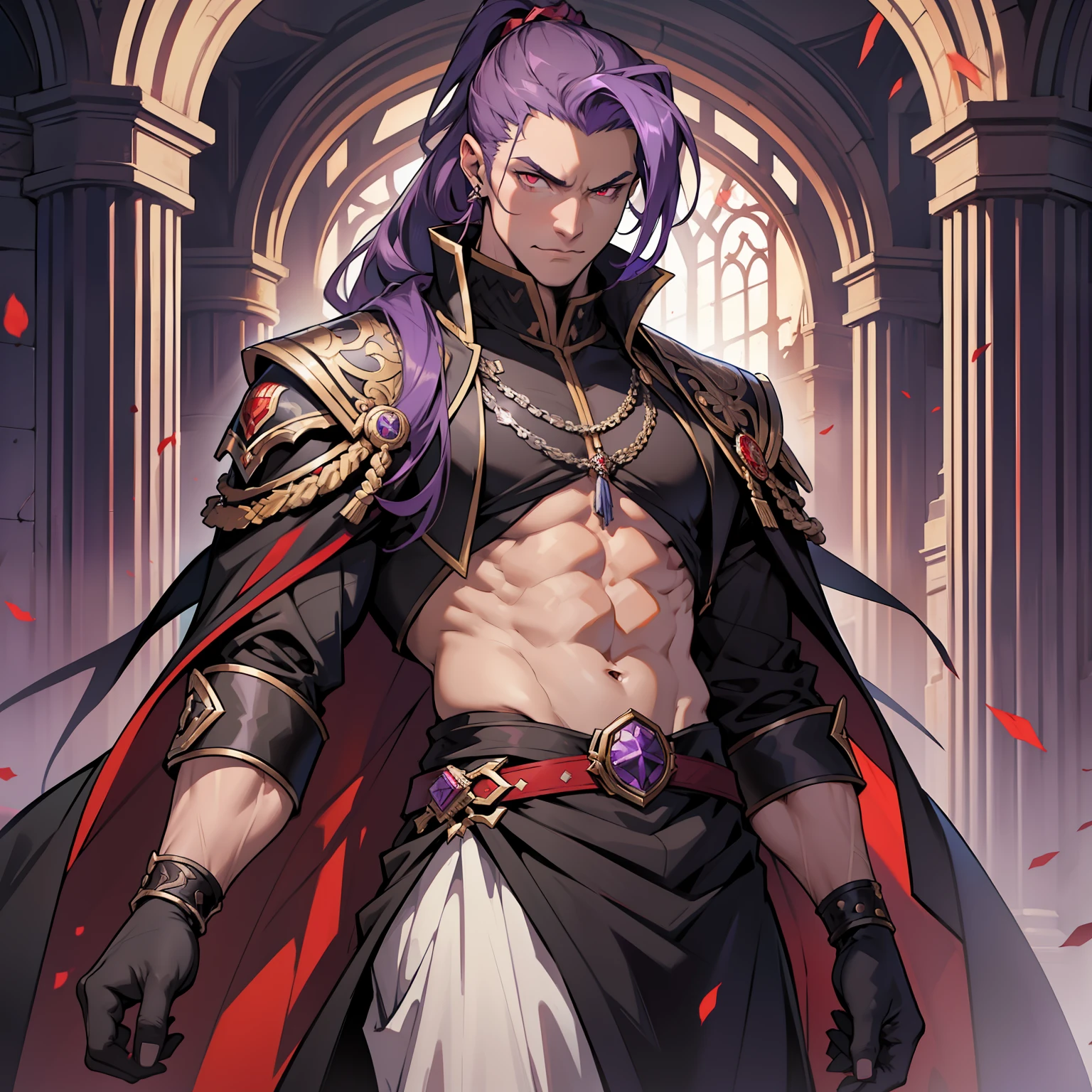 like all the demon princes, I am quite tall. I have purple hair tied back in a ponytail, and red eyes with sharp silver pupils. I wear fine clothes, as befits a prince of Hell, though they are always black. My demeanor is haughty, arrogant, and superior to others. I carry myself with confidence and a sense of pride that is unrivaled. When I speak, my words are sharp and my voice is powerful. I am the embodiment of pride and arrogance. handsome male, bara, muscular