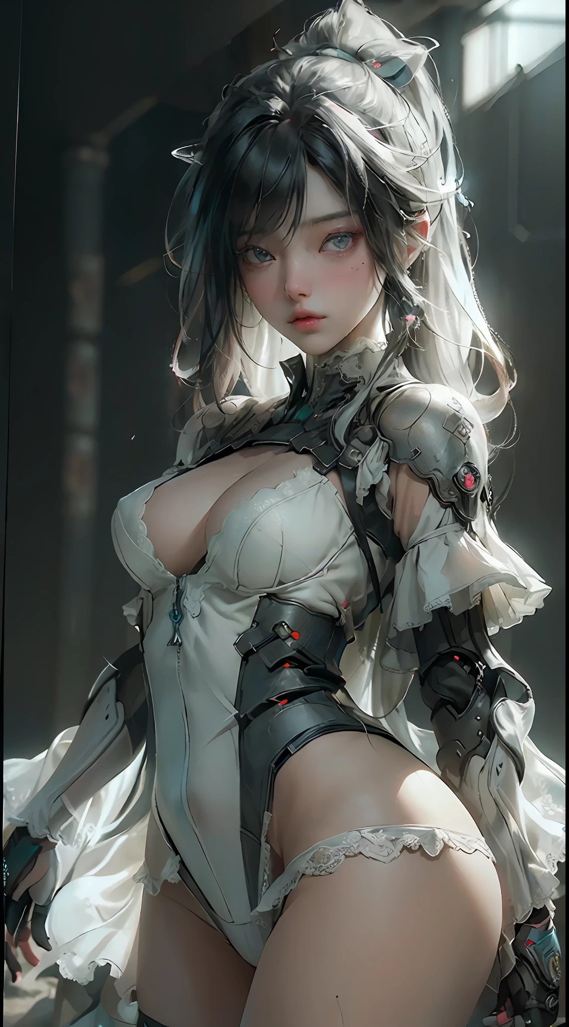 ((best qualtiy)), ((tmasterpiece)), (the detail:1.4), 3D, A beautiful cyberpunk female image,HDR(HighDynamicRange),Ray traching,NVIDIA RTX,Super-Resolution,Unreal 5,Subsurface scattering、PBR Texture、post-proces、Anisotropy Filtering、depth of fields、maximum definition and sharpness、Many-Layer Textures、Albedo e mapas Speculares、Surface Coloring、Accurate simulation of light-material interactions、perfectly proportions、Octane Render、Two-colored light、largeaperture、Low ISO、White balance、the rule of thirds、8K RAW、cleavage,Erotic transparent lace lingerie,with no underpants,Lewd expression,Bright eyes