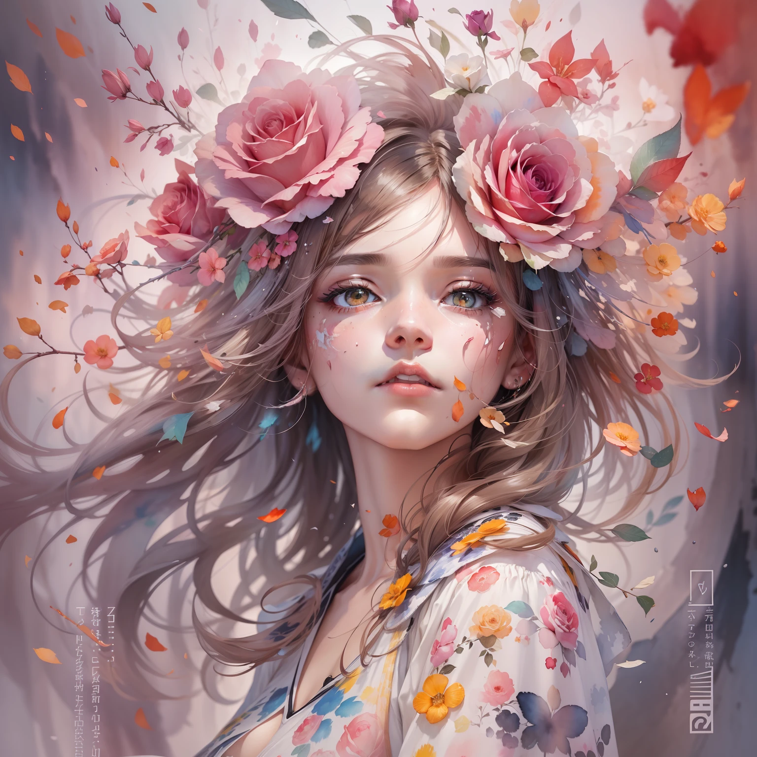 wtrcolor style、(Rosa)Digital Art、offcial art、blown by the wind、​masterpiece、Beautiful fece、(watercolor paiting))、Paint Splatter、intricate detailes。awesome details、[dripped out:0.5]、trending on artstationh、Rachel Walker、MSE painting Agnes Cecil Woman