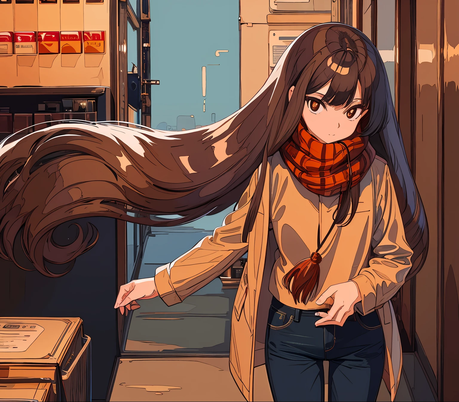 1girl, long hair, brown hair, wavy hair, orange pupils, 172 centimeter height, 22 years old, red scarf, long coat, jeans, back view