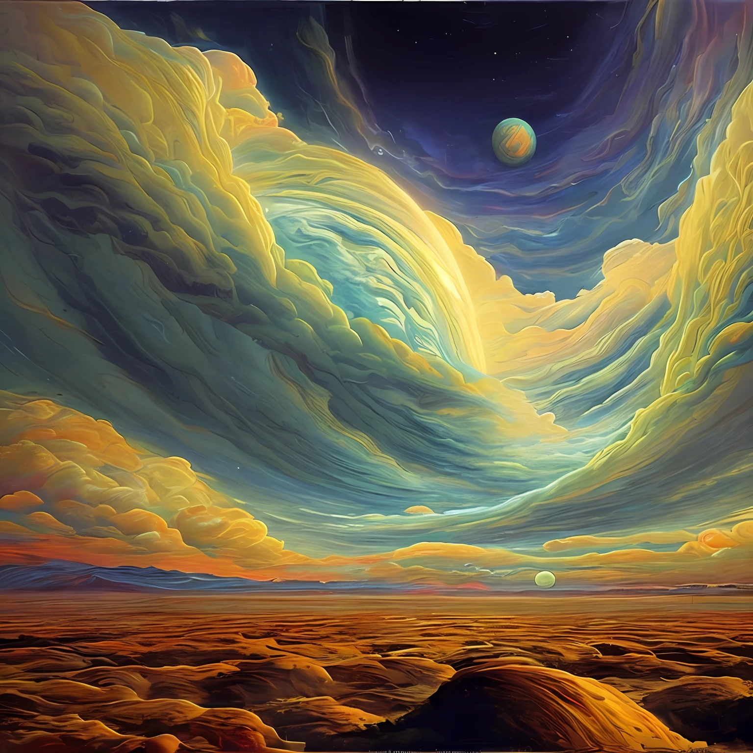 Illustration of Jupiter's clouds, epic scene, intrincado, psicodelic, Lovecraft