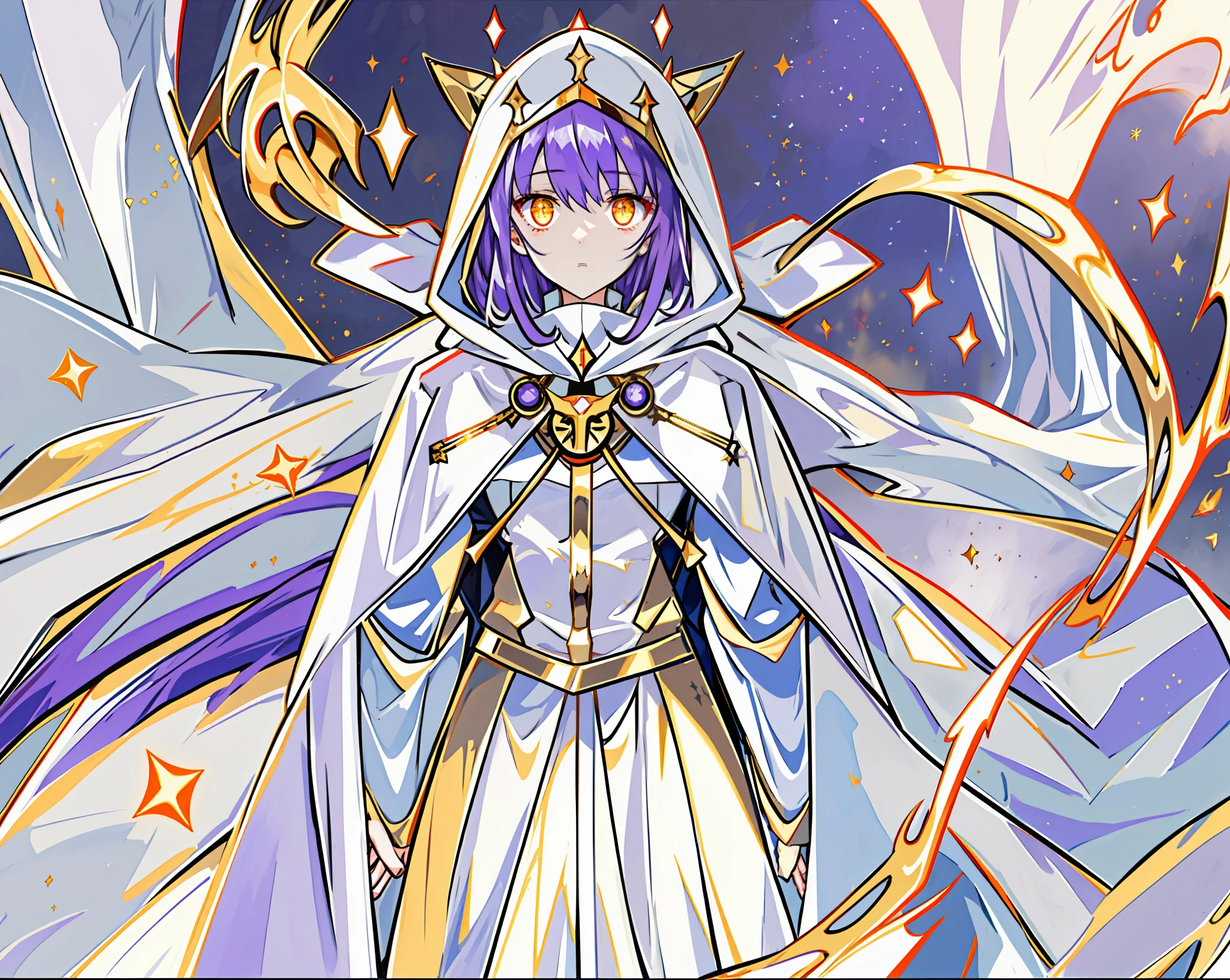 anime character with hood and cape with golden glowing eyes, cloaked, white cape, with golden glowing eyes, white robed, white robes with gold outline, purple hair underneath hood, obscured face, divine goddess, golden halo crown