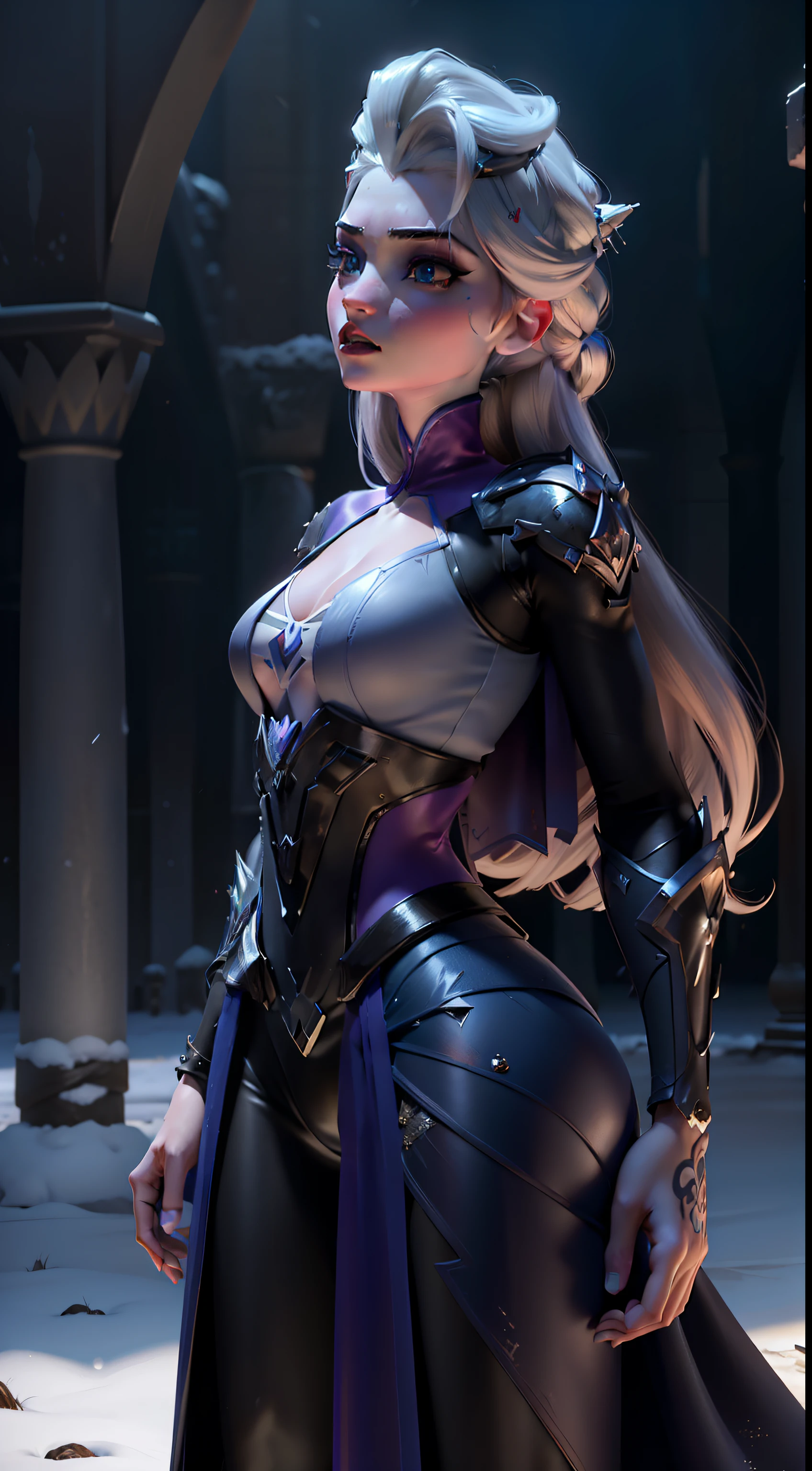 Elsa-Widowmaker Fusion, Mesclando modelos, melting, Roupas da Widowmaker, 1girl, Beautiful, character, Woman, female, Corpo inteiro, Full Body, (master part:1.2), (melhor qualidade:1.2), (sozinho:1.2), ((pose de luta)), ((campo de batalha)), cinemactic, olhos perfeitos, pele perfeita, perfect lighting, sorrir, luz, cor, pele texturizada, detalhe, Beleza, maravilha, ultra-detalhado, rosto perfeito