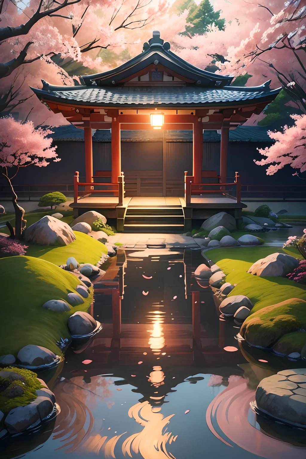(digital painting),(best quality), serene Japanese garden, cherry blossoms in full bloom, koi pond, footbridge, pagoda, Ukiyo-e art style, Hokusai inspiration, Deviant Art popular, 8k ultra-realistic, pastel color scheme, soft lighting, golden hour, tranquil atmosphere, landscape orientation --auto