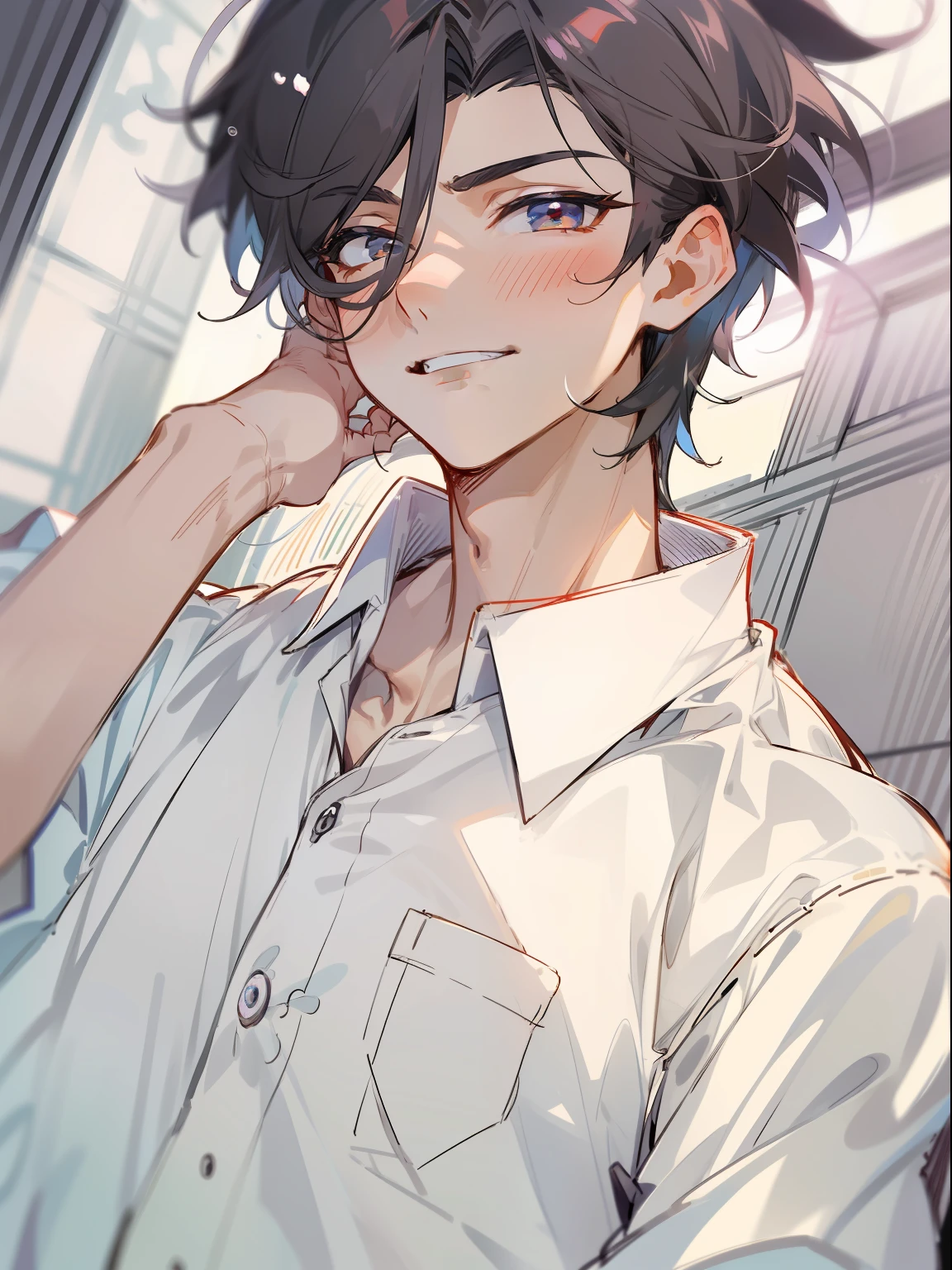 ultra detail,haigh quality,sketch,1boy,mature male,beautiful face,(black center parting hair:1.3),handsome male,pearl skin,white short sleeve shirts,drooping eyes,japanese high school,dynamic angle,japan anime,