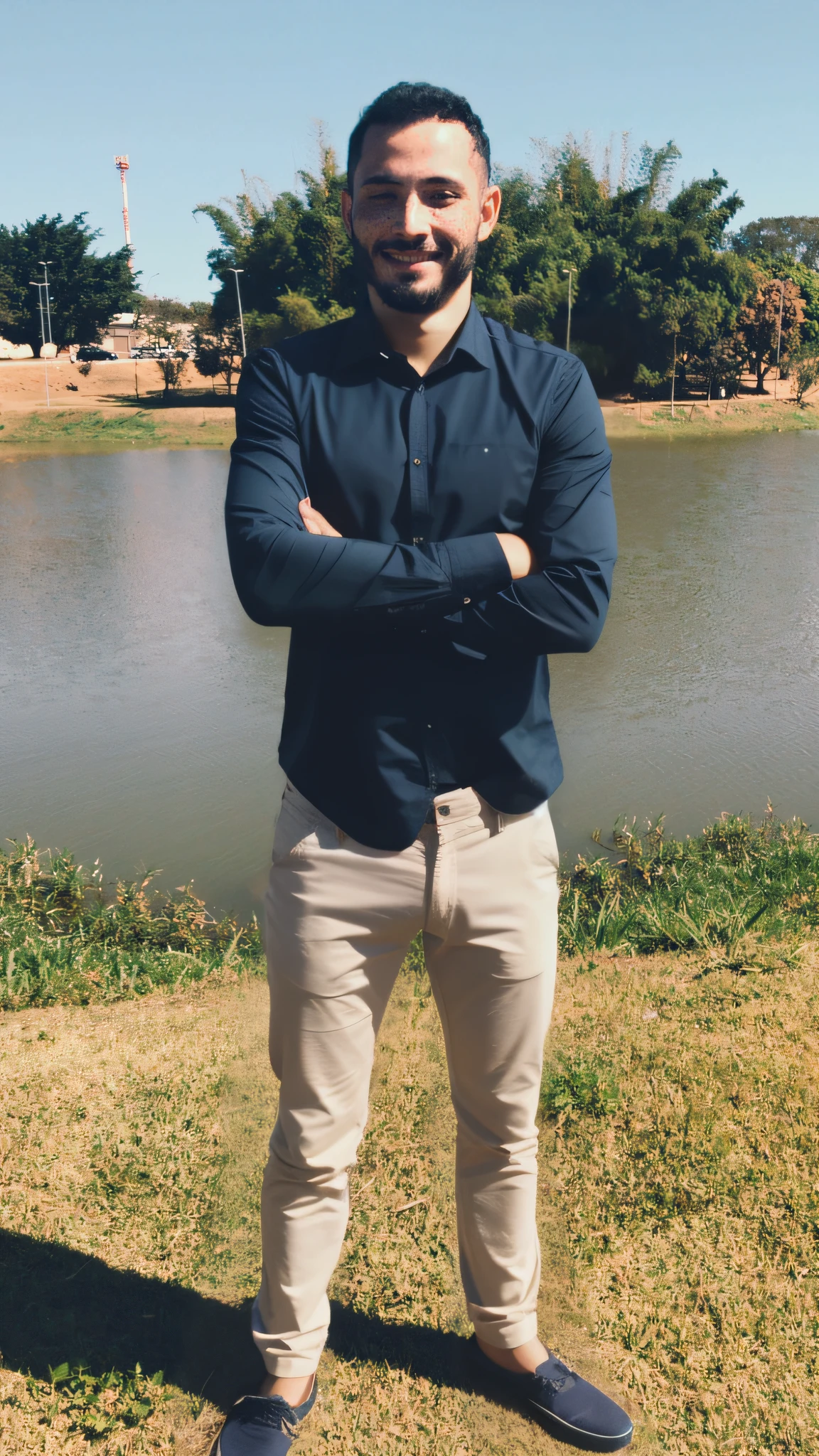 Arafed man standing in front of a lake with his arms crossed, standing next to water, imagem de corpo inteiro, standing in a pond, full body photogenic shot, tiro de corpo inteiro, foto de corpo inteiro, fotografia de corpo inteiro, tiro longo de corpo inteiro, standing in a lake, foto de retrato de corpo inteiro, em torno de 1 9 anos, corpo inteiro!