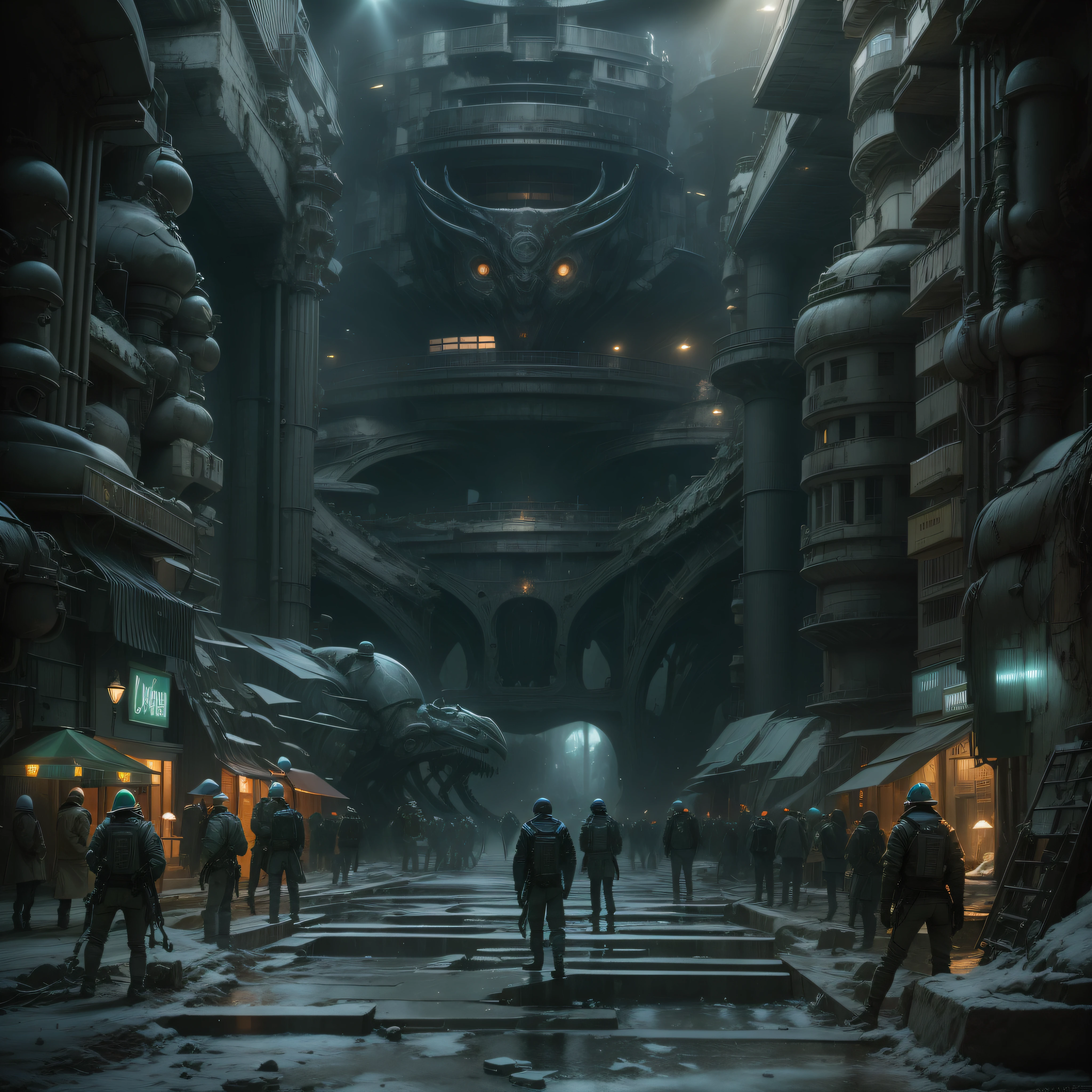 basado en la pelicula prometheus: (( la tripulacion de la prometheus, hombres y mujeres)), inspeccionas una ciudad de un planeta desconocido , con enormes edificios altamente tecnologicos. cuyos materiales de construccion son la plata, el oro y el bronce. y algunas bovedas de cristal con luces de neon.