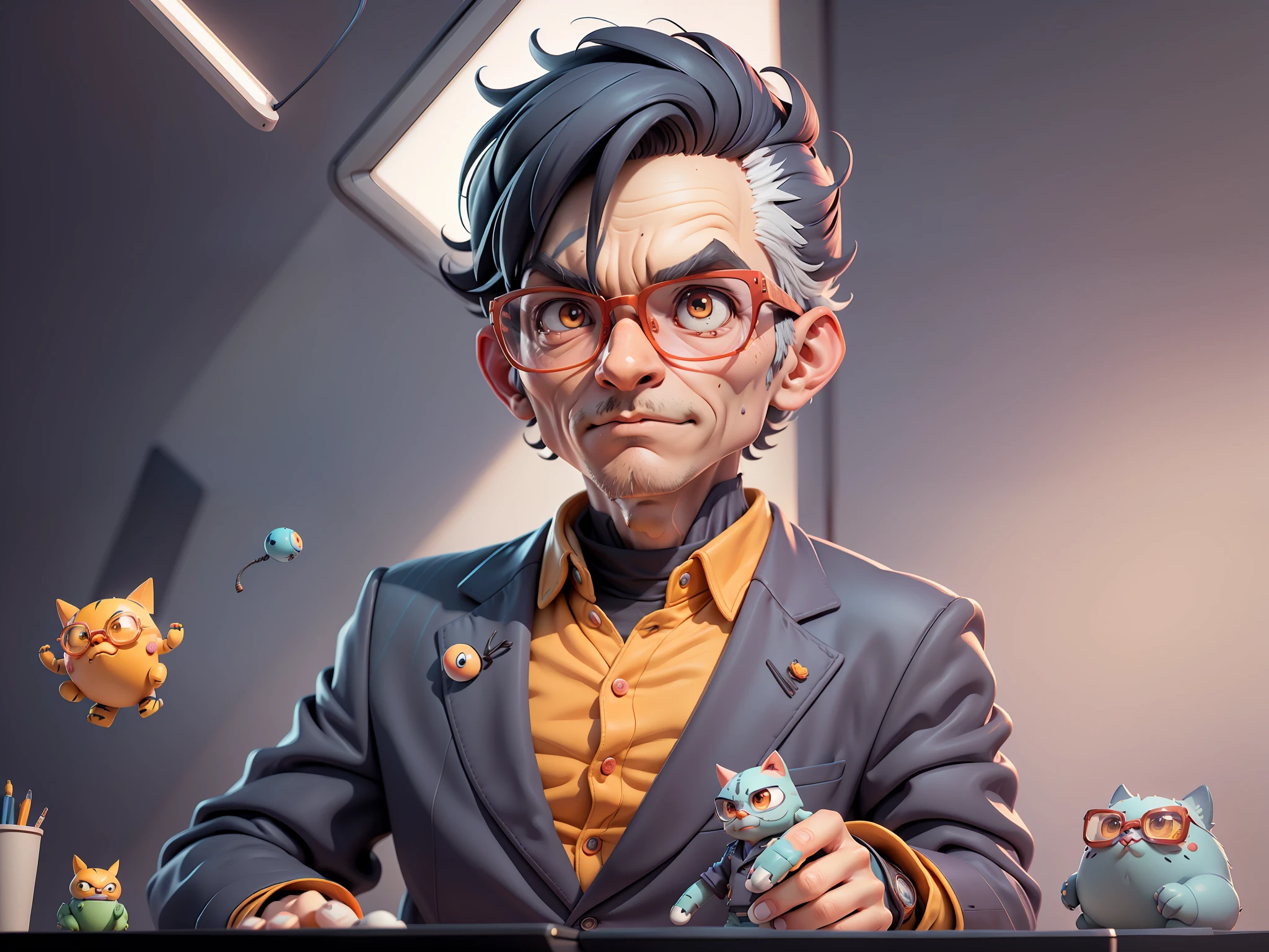 A young man in a suit, Short hair and glasses sat at his desk，holding laptop，digitial painting，tigre，3D character design by Mark Clairen and Pixar and Hayao Miyazaki and Akira Toriyama，4K HD illustration，Very detailed facial features and cartoon-style visuals。