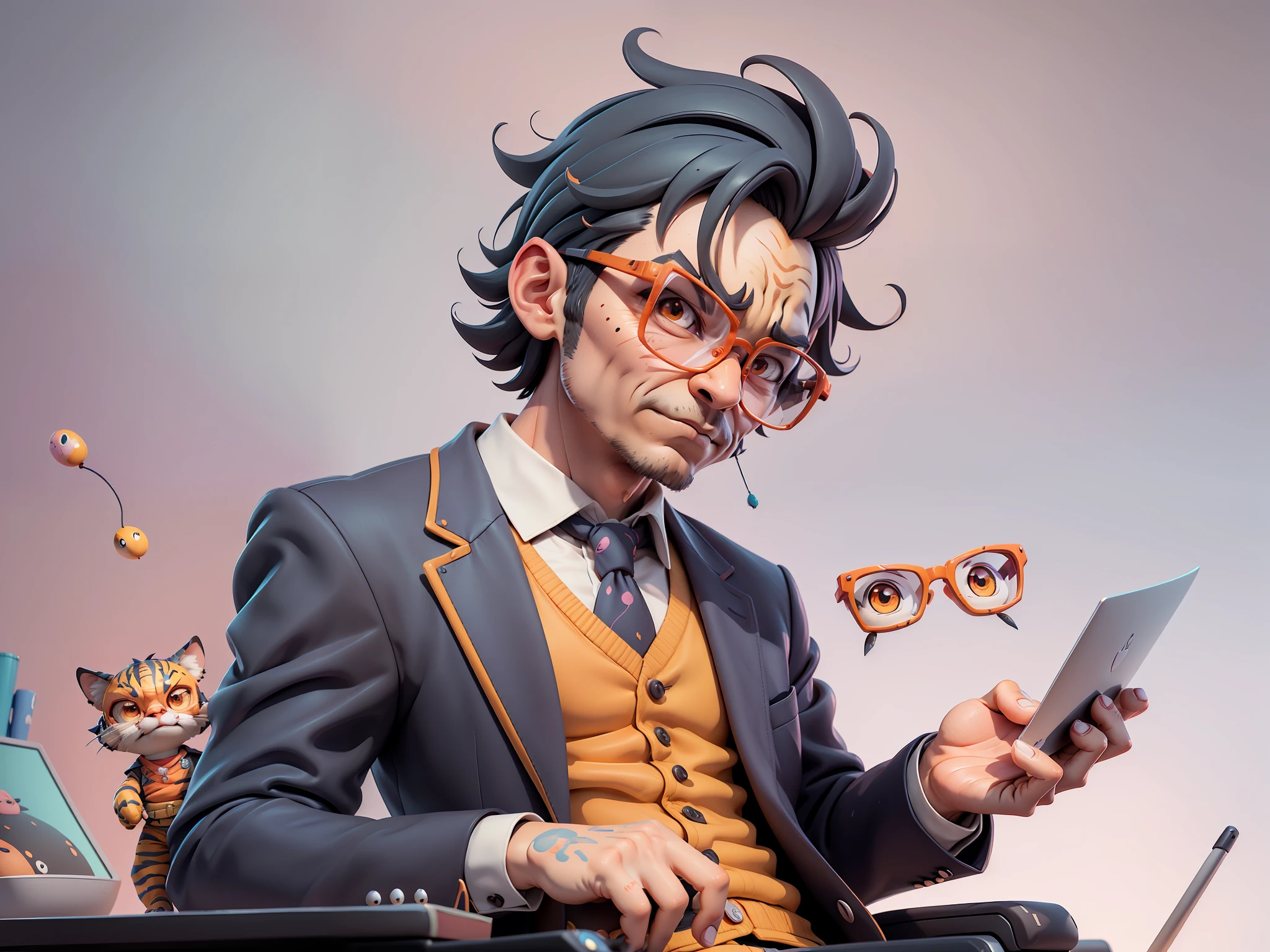 A young man in a suit, Short hair and glasses sat at his desk，holding laptop，digitial painting，tigre，3D character design by Mark Clairen and Pixar and Hayao Miyazaki and Akira Toriyama，4K HD illustration，Very detailed facial features and cartoon-style visuals。