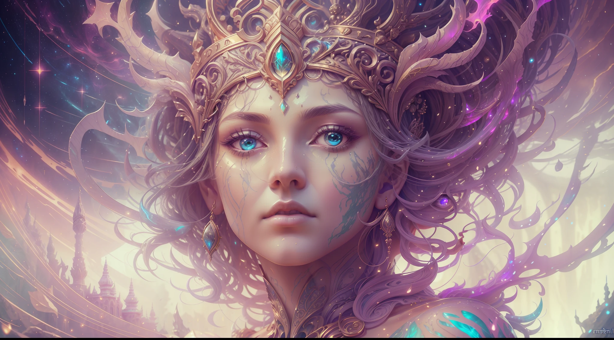 Eldritch, Harsh ancient gods in the night storm, Cloaked in a starry sky, [[Sophia Anne Caruso]], [zendaya], Translucent ivory prosthetic Eldridge horror, Erotic pose, Cinematic lighting, (By (Daniel Mernagh) (Carne Griffiths) Monika Nowak), Highly detailed, Detailed face, Soft body, Alien, Close-up of a goddess with a crown on her head, goddes, The upper part of the body，sideface, a stunning portrait of a goddess, Fantasy art Behance, goddes, Extremely high detail, Trending ArtStation, Deviantart ArtStation CGSCOSIETY, extremely detailed goddess shot, trending on artstation 4k, 3 d goddess portrait, hindu aesthetic, trends in art station