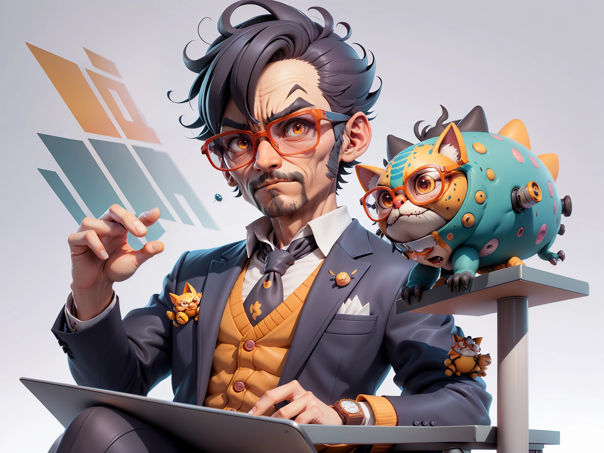 A young man in a suit, Short hair and glasses sat at his desk,holding laptop,digitial painting,tigre,3D character design by Mark Clairen and Pixar and Hayao Miyazaki and Akira Toriyama,4K HD illustration,Very detailed facial features and cartoon-style visuals。