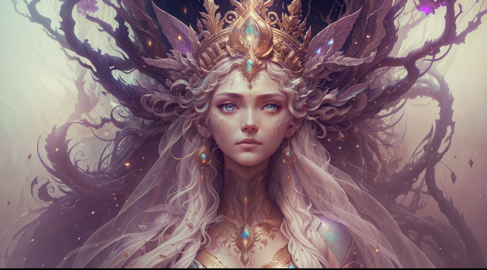 Eldritch, Harsh ancient gods in the night storm, Cloaked in a starry sky, [[Sophia Anne Caruso]], [zendaya], Translucent ivory prosthetic Eldridge horror, Erotic pose, Cinematic lighting, (By (Daniel Mernagh) (Carne Griffiths) Monika Nowak), Highly detailed, Detailed face, Soft body, Alien, Close-up of a goddess with a crown on her head, goddes, The upper part of the body，sideface, a stunning portrait of a goddess, Fantasy art Behance, goddes, Extremely high detail, Trending ArtStation, Deviantart ArtStation CGSCOSIETY, extremely detailed goddess shot, trending on artstation 4k, 3 d goddess portrait, hindu aesthetic, trends in art station