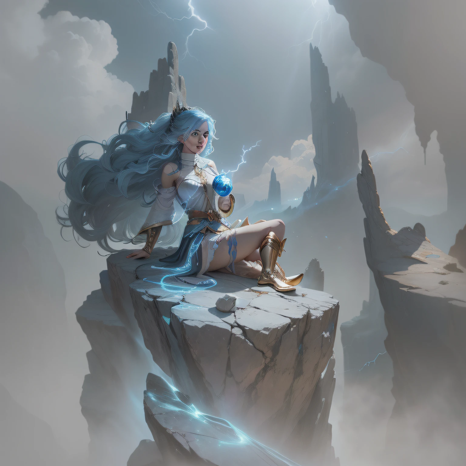 Anime girl with a blue light in her hand sitting on a rock, maya ali as a lightning mage, Neoartcore e Charlie Bowater, lightning fantasy magic, estilo de arte charlie bowater, Artgerm e Atey Ghailan, goddess of lightning, epic mage girl character, Graphic artist Magali Villeneuve, Artgerm Plano, arte do personagem charlie bowater