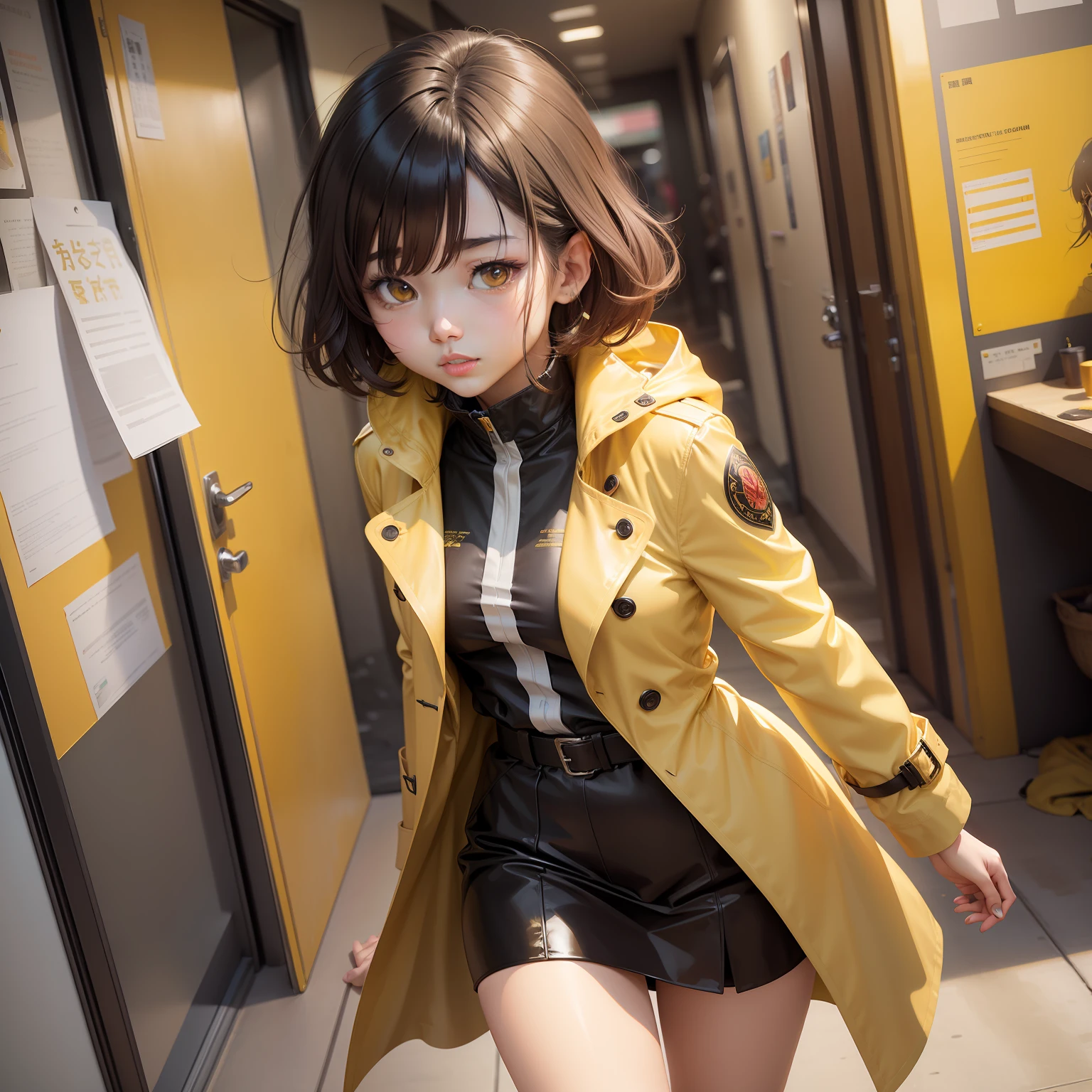 Yellow trench coat, trench coat, Vivid colors!!, Yellow raincoat, Vivid!!, trench coat, Vivid), Vivid colors!, rena nounen style 3/4, style of masami kurumada, Glossy yellow, by Oka Yasutomo, style of yoshii chie, by Shinoda Toko、MSE painting Agnes Cecil Woman、trending on artstationh、Rachel Walker、