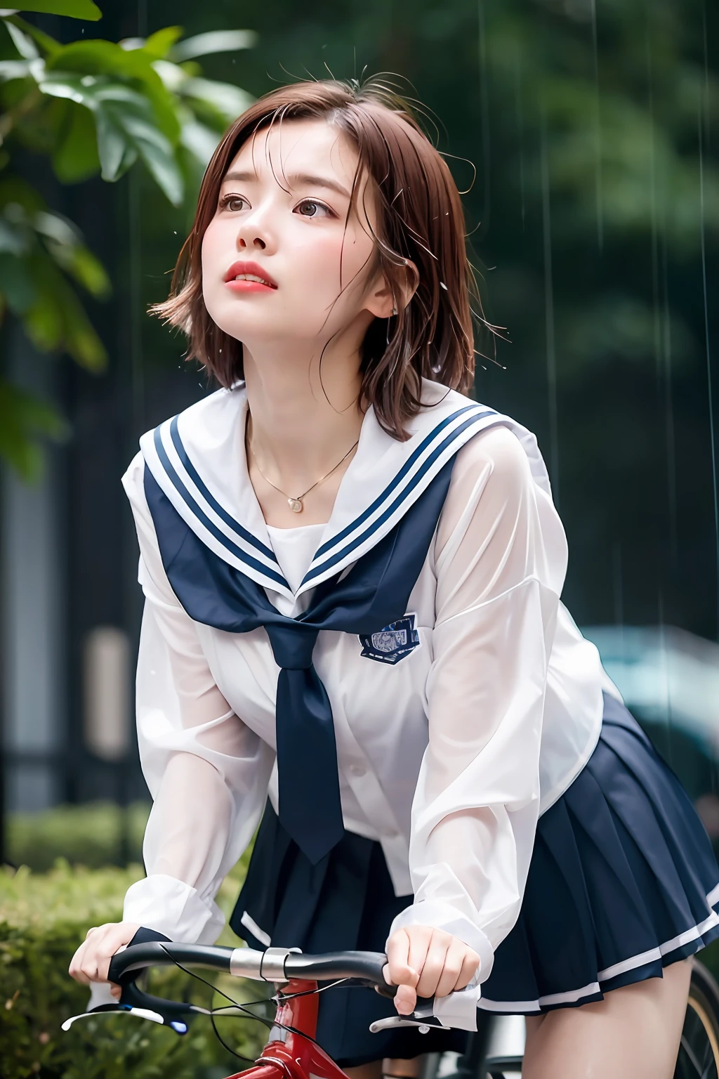 One Girl in the Rain、Blushing cheeks、((Red Bicycle))、((Riding a bike))、gazing at viewer、Heavy rain、large full breasts、A sheer sailor suit that sticks to your chest when wet、skirt by the、Girl in Japan uniform and girl in the rain 、Pedaling a bike in the rain、florals、hair pin、a necklace、piercings、Getting wet and leaning forward、from below looking up、depth of fields、pointed red mouth、short hair of reddish-brown color wet and shiny,,,,,,,Red mouth,Black eyes、鎖骨、Beautiful fingers、Hourglass body、portrait of a full body、Loosen your tie、Wet cute face、