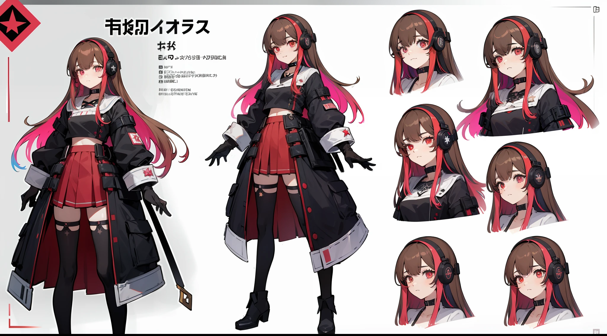 ((Masterpiece, highest quality)), detailed face, character sheet, Full body, full of details, multiple poses and expressions, highly detailed, depth, many parts, 1girl, girl in a skirt and headphones, :3, long hair, bangs, multicolored hair, two-tone hair, gradient hair, brown hair with pink tips, black crop top, red skirt, gloves, stockings, black choker, red eyes, star (symbol), symbol-shaped pupils