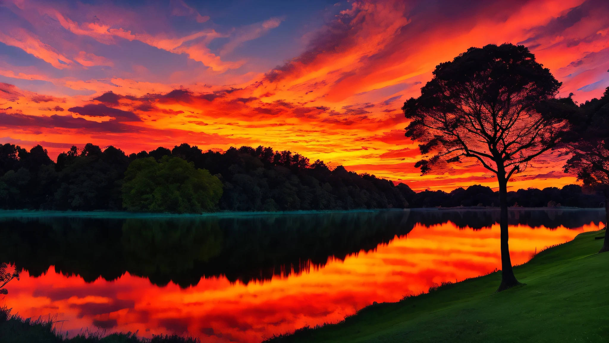 there is a beautiful sunset with a lake and trees in the background, colorful skies, surreal colors, colorful sunset, colorful sky, marvellous reflection of the sky, stunning sky, dream like atmosphere 8k, colorful clouds, colors reflecting on lake, surreal sky, red and blue reflections, fire reflection, beautiful sky, beautiful and spectacular dusk, beautiful dreamy landscape, amazing sky