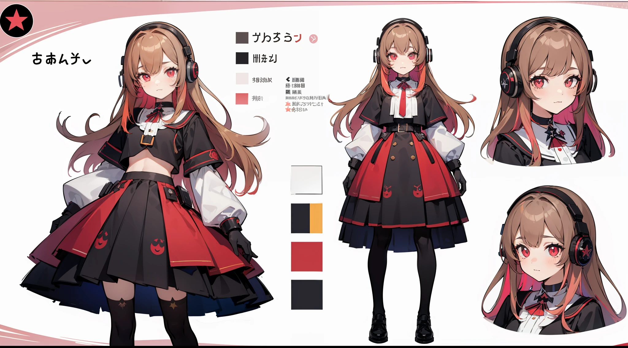 ((Masterpiece, highest quality)), detailed face, character sheet, Full body, full of details, multiple poses and expressions, highly detailed, depth, many parts, 1girl, girl in a skirt and headphones, :3, long hair, bangs, multicolored hair, two-tone hair, gradient hair, brown hair with pink tips, black crop top, red skirt, gloves, stockings, black choker, red eyes, star (symbol), symbol-shaped pupils