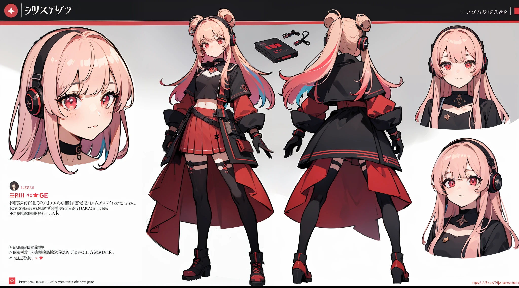 ((Masterpiece, highest quality)), detailed face, character sheet, Full body, full of details, multiple poses and expressions, highly detailed, depth, many parts, 1girl, girl in a skirt and headphones, :3, long hair, bangs, multicolored hair, two-tone hair, gradient hair, brown hair with pink tips, black crop top, red skirt, gloves, stockings, black choker, red eyes, star (symbol), symbol-shaped pupils