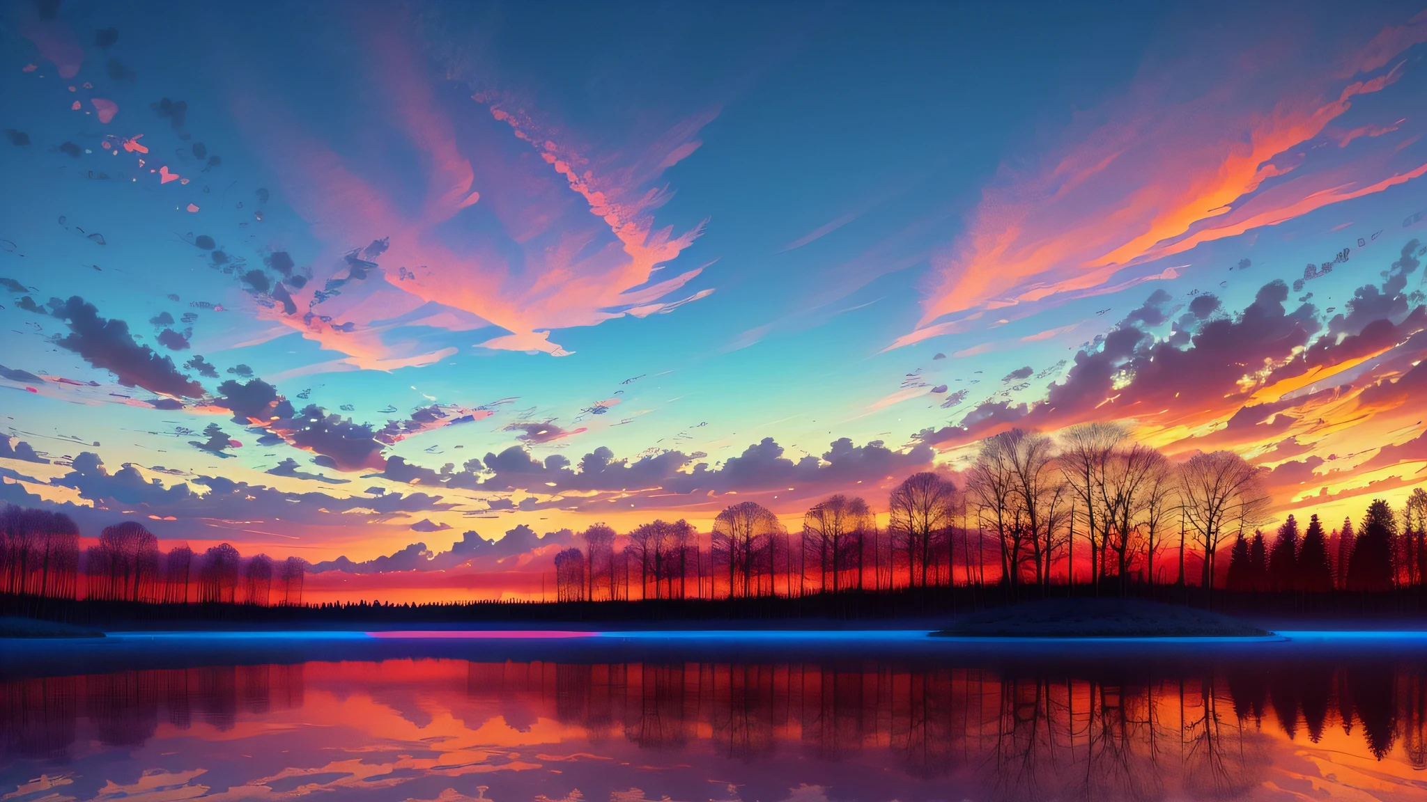 there is a beautiful sunset with a lake and trees in the background, colorful skies, surreal colors, colorful sunset, colorful sky, marvellous reflection of the sky, stunning sky, dream like atmosphere 8k, colorful clouds, colors reflecting on lake, surreal sky, red and blue reflections, fire reflection, beautiful sky, beautiful and spectacular dusk, beautiful dreamy landscape, amazing sky