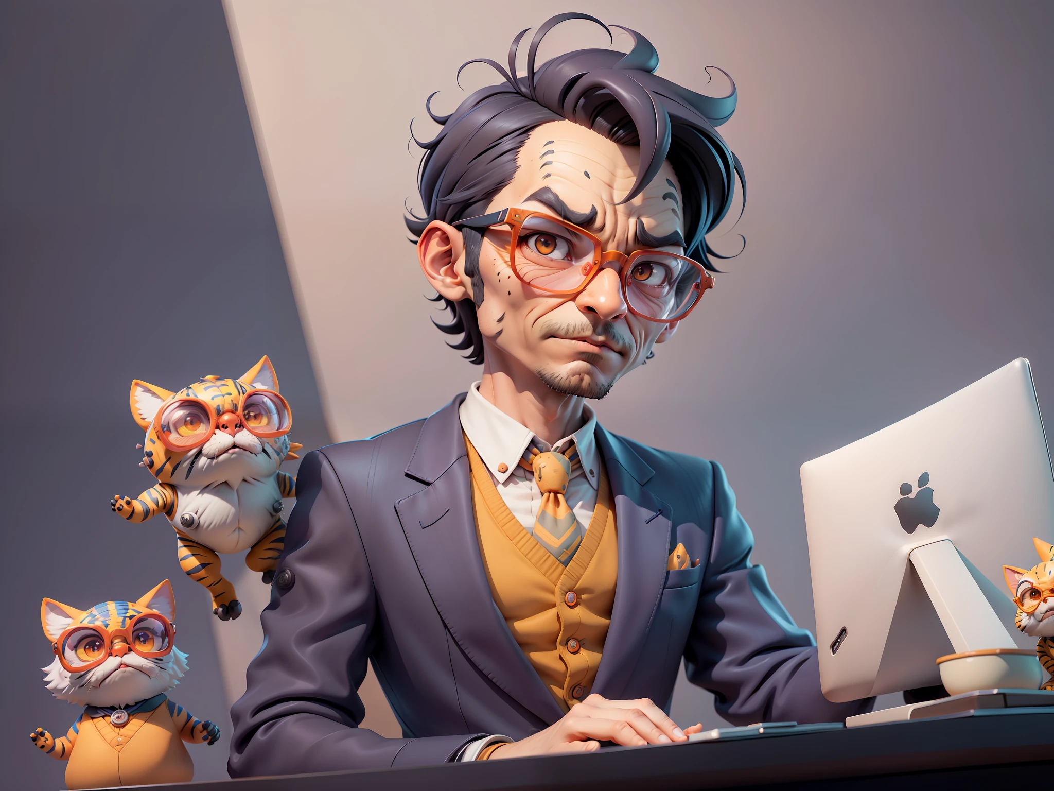 A young man in a suit, Short hair and glasses sat at his desk，holding laptop，digitial painting，tigre，3D character design by Mark Clairen and Pixar and Hayao Miyazaki and Akira Toriyama，4K HD illustration，Very detailed facial features and cartoon-style visuals。