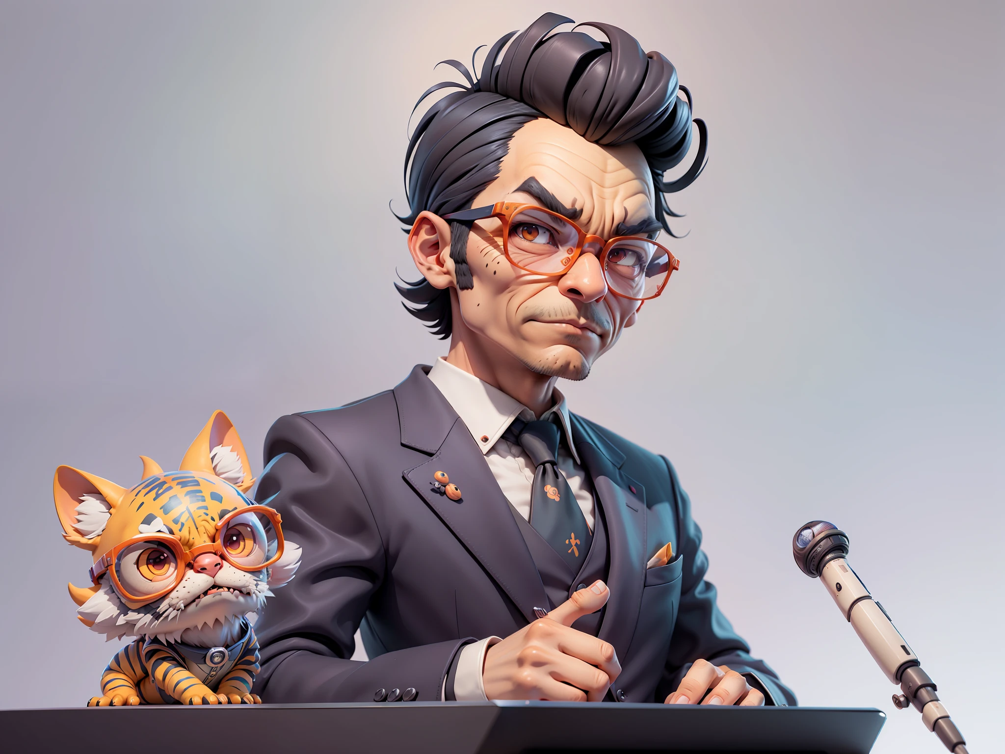 A young man in a suit, Short hair and glasses sat at his desk,holding laptop,digitial painting,tigre,3D character design by Mark Clairen and Pixar and Hayao Miyazaki and Akira Toriyama,4K HD illustration,Very detailed facial features and cartoon-style visuals。