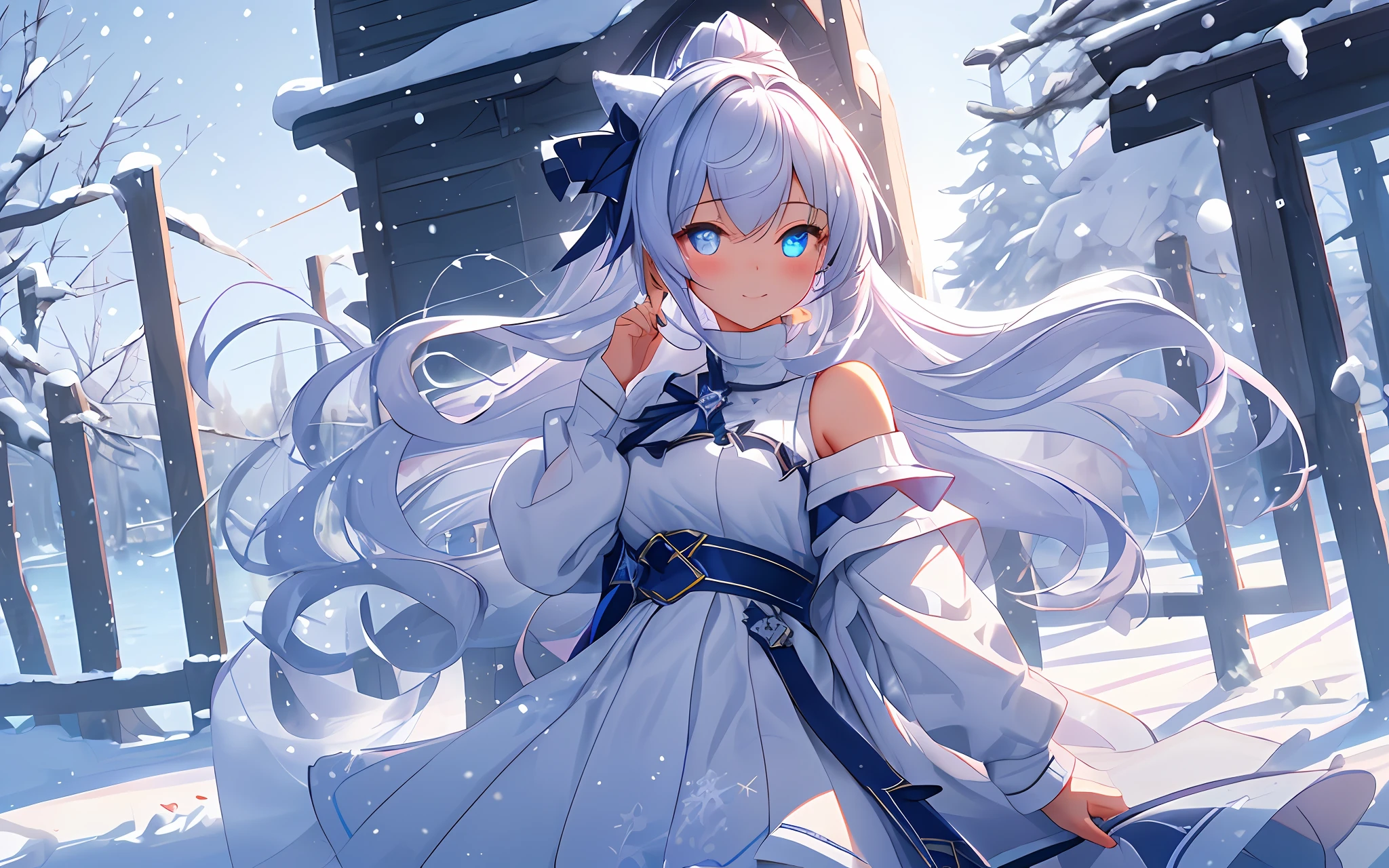 ​masterpiece, top-quality, Photorealsitic, ultra-detailliert, delicate, orderly, High Details, (cute little), Beautiful fece, An majestic, Glossy, shinny skin, bluish-silver ponytail, (drooping iris heterochromatic iris:1.2), 15yo student, Girl with a gentle smile, A shy girl, A slender,
GameCG、dynamic ungle、Dutch Angle、cowboy  shot、blured background、deep-shadows、(Luminous eyes:1.2)、ambient occlusion、ray tracing reflection、brilliance、Radiant hair、Winters、coat、（off-the-shoulder sweater:1.3)、snowscape、mont、lake、the woods、 Scattering snowflakes、the wind,