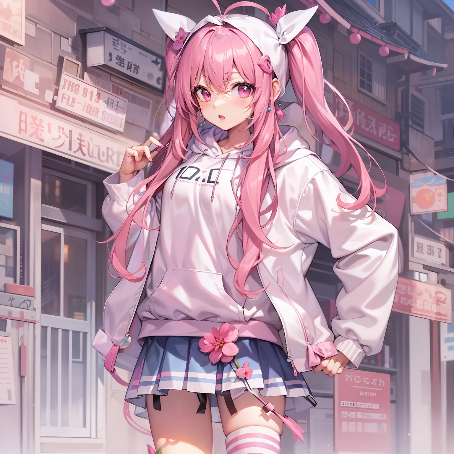 Anime style、女の子1人、full body Esbian、show the grinps、{hairstyle on：（Pink hair)、(Longhaire),(Twin-tailed),(Antenna Hair)}、Pink eyes、pink hoodie、Four-leaf earrings、pink miniskirt、White High Socks、to stand、Pink sneakers、Front composition