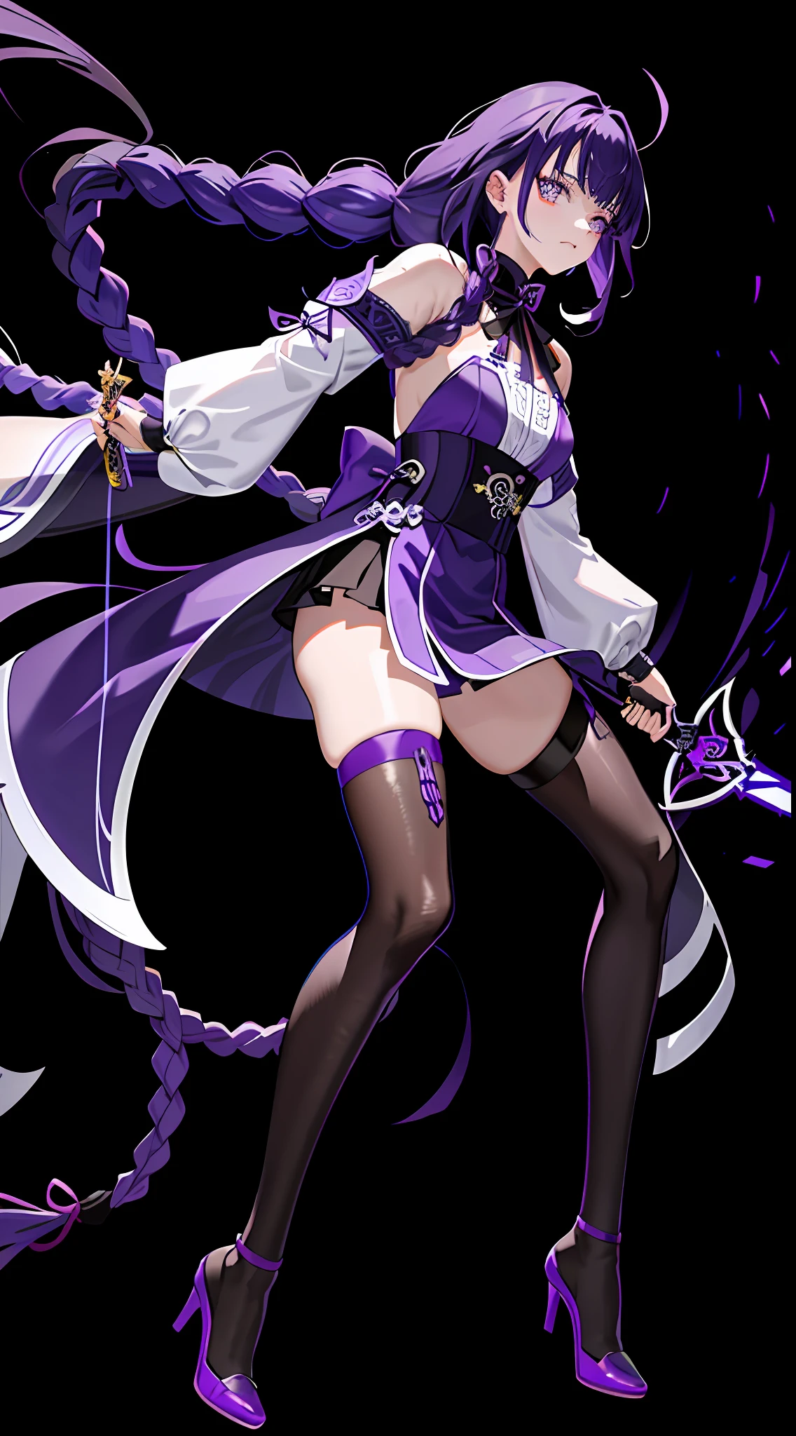 Full body like,Raiden general,(Pull the knife),Purple colored hair,Cannabis braids,Purple eye,Shock force,Cannabis braids,Disdainful expression,swing the sword,convolution,Raiden general,Genshin style,Raiden general,((Black heels)),RGB strip light,Background thunder,Electro-optic effect,raiden,salama,the original god,Gorgeous Hair in Long Purple