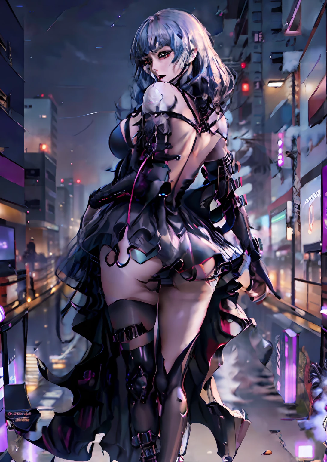 a cartoon picture of a woman in a black dress and a black coat, seductive anime girl, oppai cyberpunk, female cyberpunk anime girl, cyberpunk anime girl, beautiful alluring anime woman, marin kitagawa fanart, misato katsuragi, in cyberpunk city, anime moe artstyle, city in the background, gothic city streets behind her, badass anime 8 k