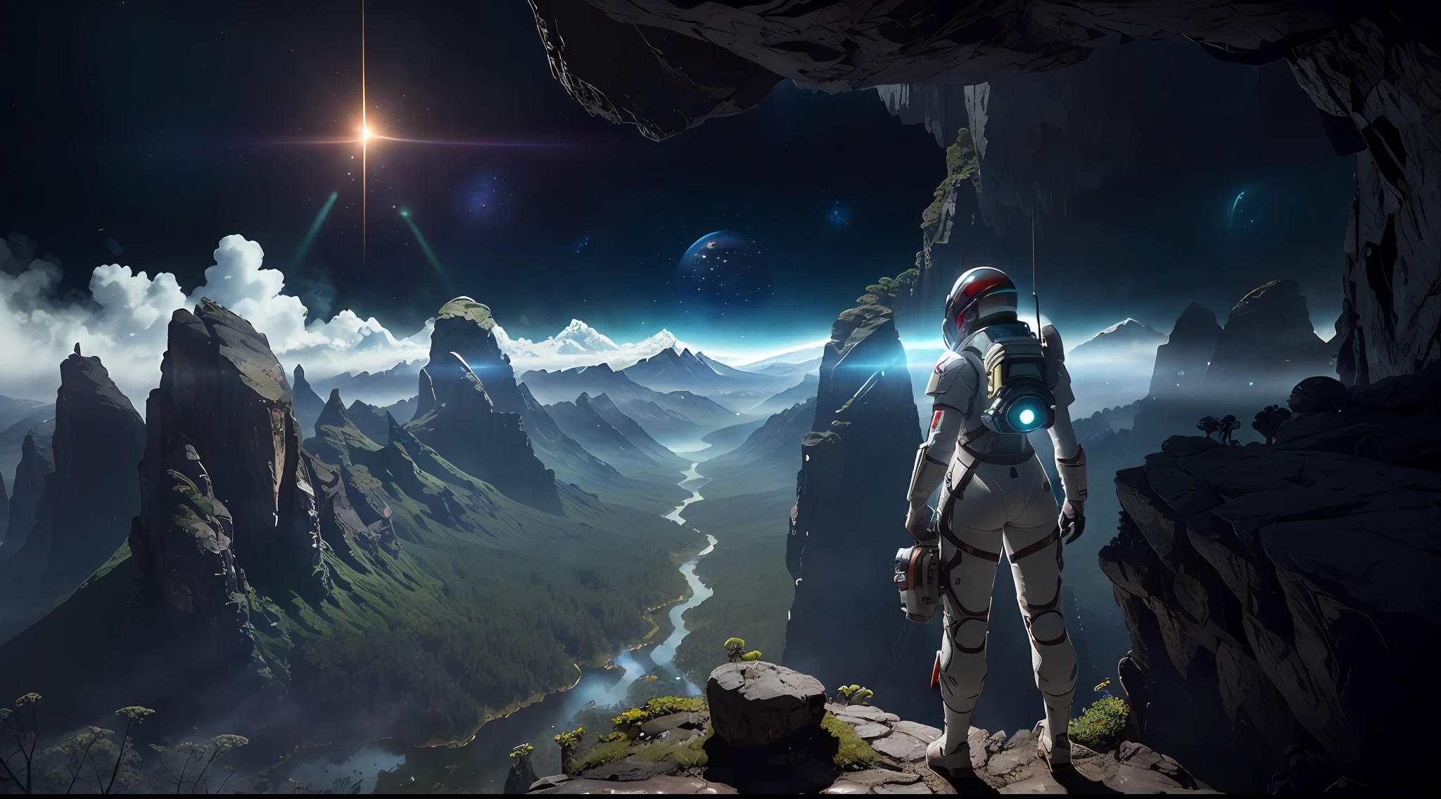 (35mmstyle:1.2), Highly detailed RAW color Photo, Rear Angle, Full Body, of (female space marine, wearing white and red space suit, futuristic helmet, tined face shield, rebreather, accentuated booty), outdoors, (standing on Precipice of tall rocky mountain, looking out at magical lush green rain forest on alien planet), vivid detail, (exotic alien planet), toned body, big butt, (sci-fi), (mountains:1.1), (lush green vegetation), (two moons in sky:0.8), (highly detailed, hyperdetailed, intricate), (lens flare:0.7), (bloom:0.7), particle effects, raytracing, cinematic lighting, shallow depth of field, photographed on a Sony a9 II, 35mm wide angle lens, sharp focus, cinematic film still from Gravity 2013, viewed from behind, dynamic angle