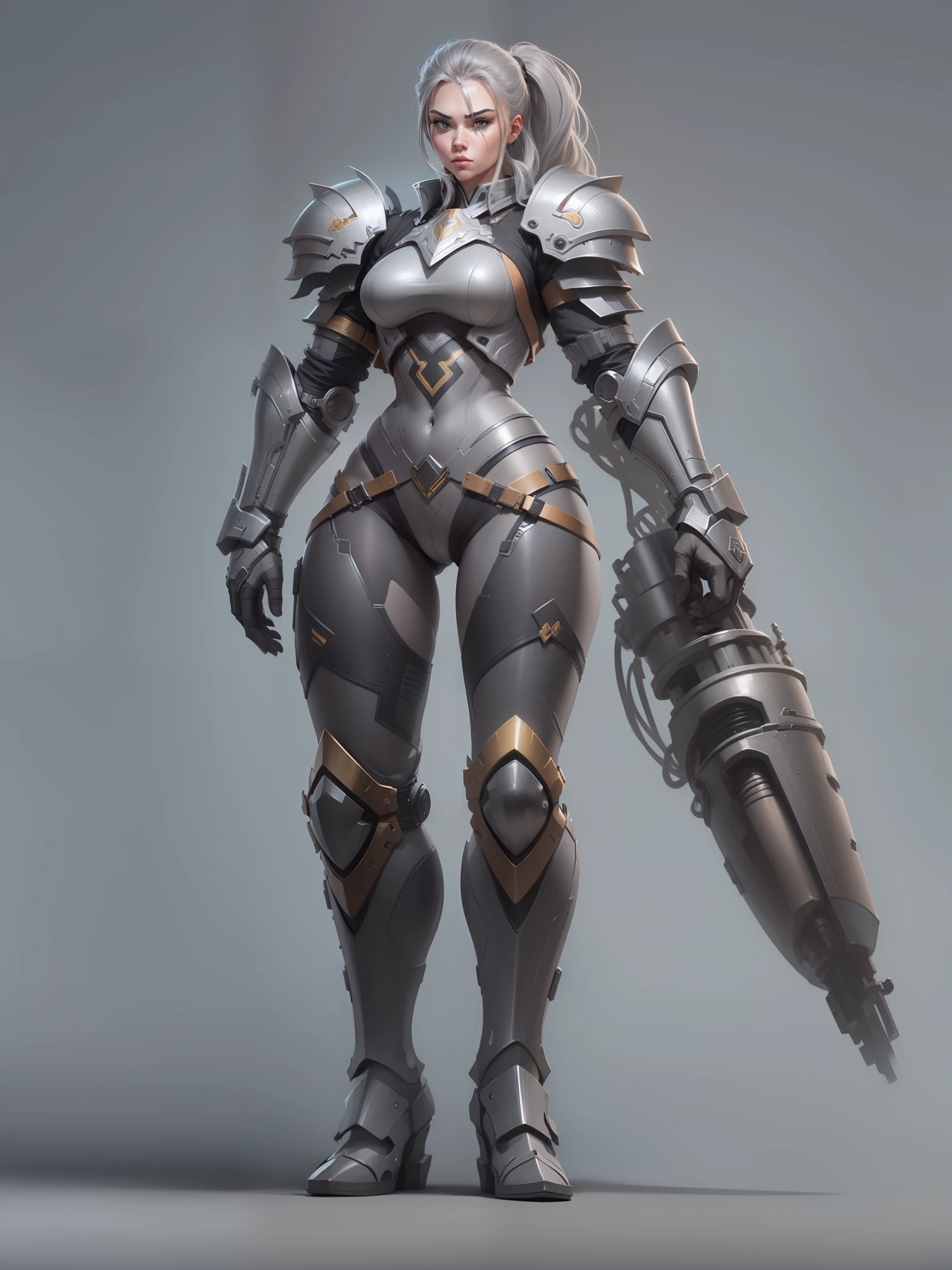 Powerful huge female warrior, Prosthetic arm, mechanical arm, , Character design, hiquality, crisp detailing, ((((Full-length)))), (((MATTE GRAY BACKGROUND)))