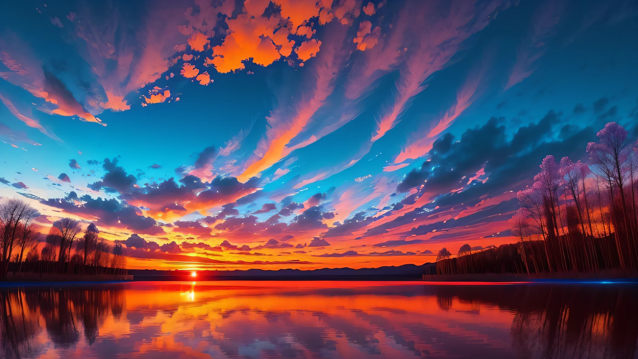 (masterpiece, beautiful art, best quality:1.4), illustration of a beautiful sunset with a lake and trees in the background, colorful skies, colorful sunset, colorful sky, marvellous reflection of the sky, stunning sky, dream like atmosphere, colorful clouds, colors reflecting on lake, surreal sky, red and blue reflections, beautiful sky, amazing sky, surreal colors, fire reflection, beautiful and spectacular dusk, beautiful (dreamy landscape:1.3), ultra detailed, 8k