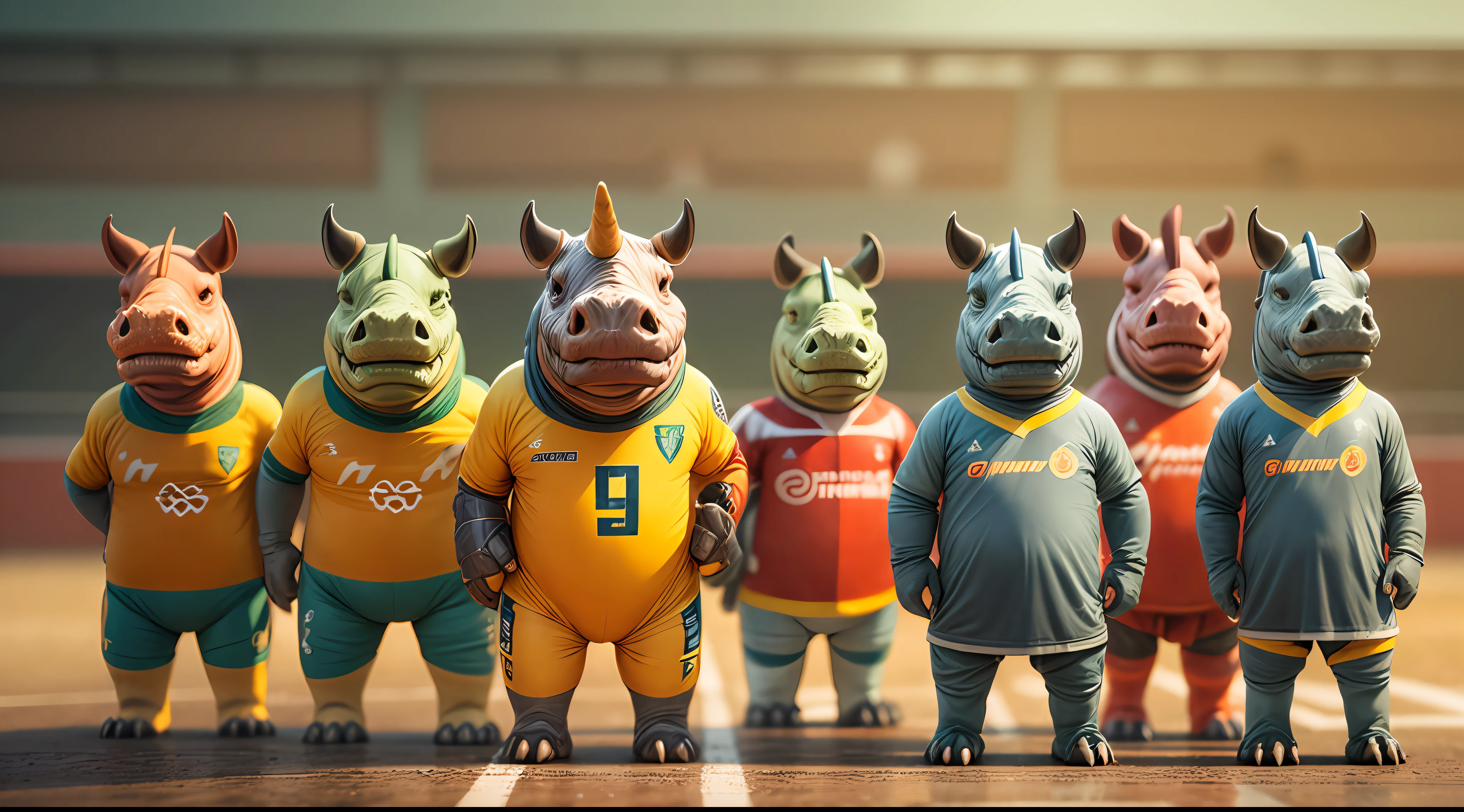 A team of anthropomorphism rhinos,in a line,taking a group photo wearing soccer jerseys,masterpiece, best quality, CGI,Cinematic, Hyper-detailed,