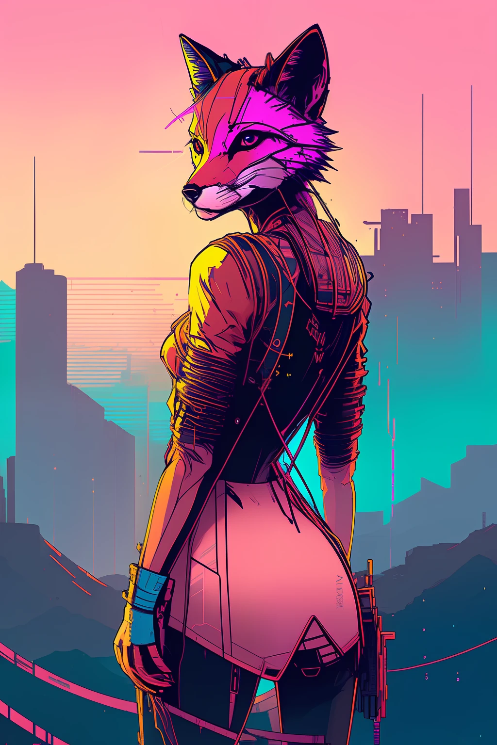 (nvinkpunk:1.2) (snthwve style:0.8) fox girl, anthro, lightwave, sunset, intricate, highly detailed