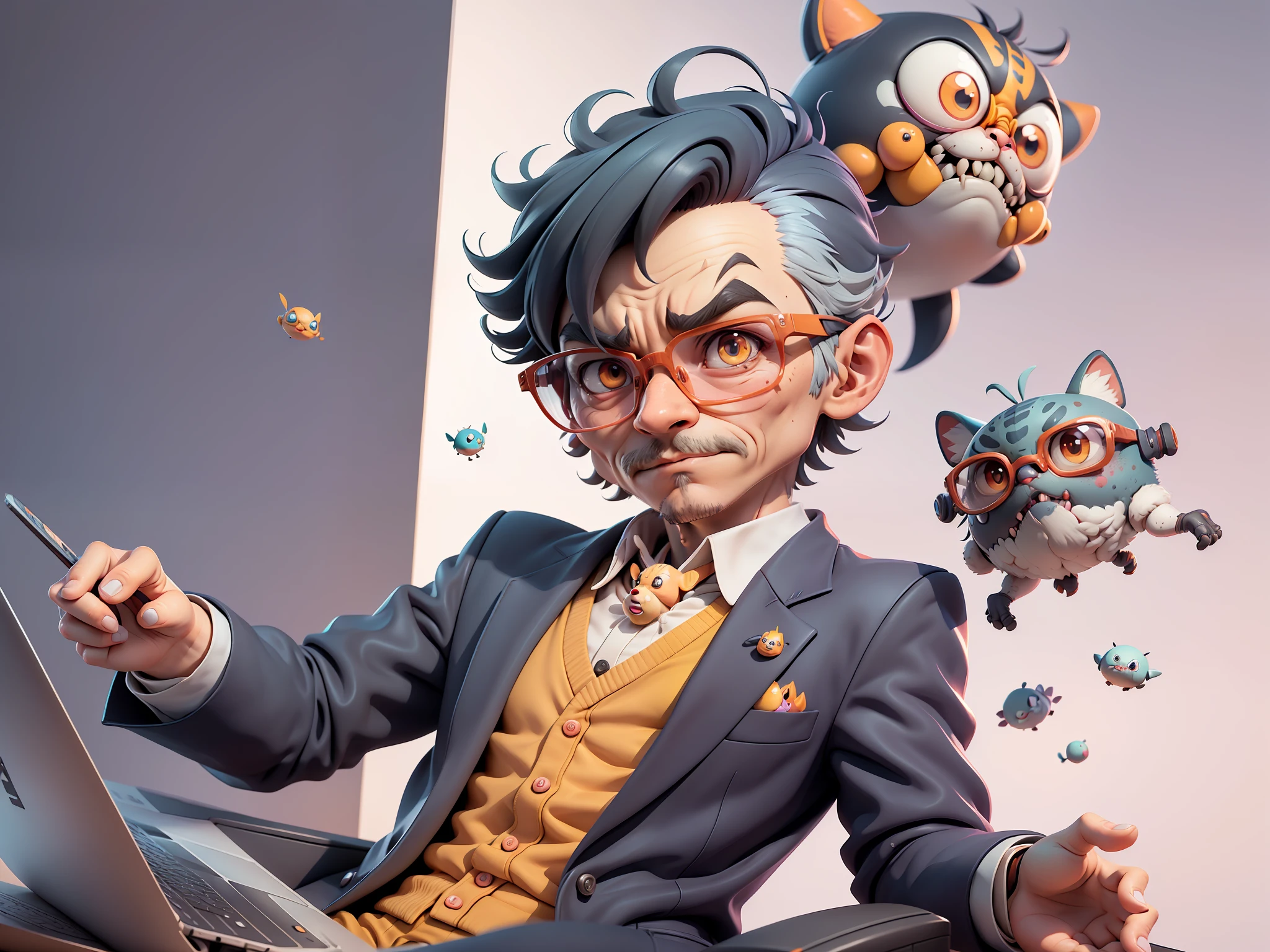 A young man in a suit, Short hair and glasses sat at his desk，holding laptop，digitial painting，tigre，3D character design by Mark Clairen and Pixar and Hayao Miyazaki and Akira Toriyama，4K HD illustration，Very detailed facial features and cartoon-style visuals。