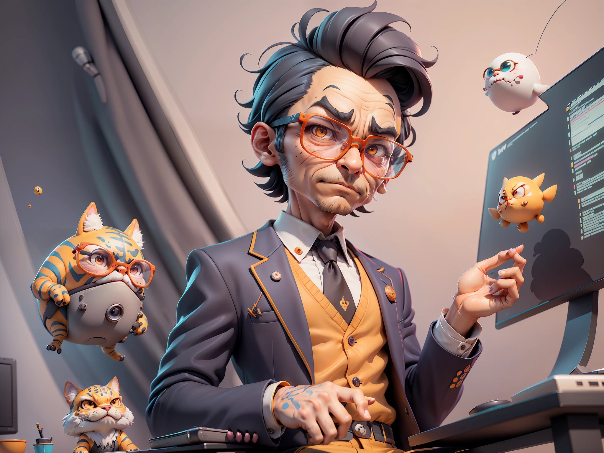 A young man in a suit, Short hair and glasses sat at his desk,holding laptop,digitial painting,tigre,3D character design by Mark Clairen and Pixar and Hayao Miyazaki and Akira Toriyama,4K HD illustration,Very detailed facial features and cartoon-style visuals。