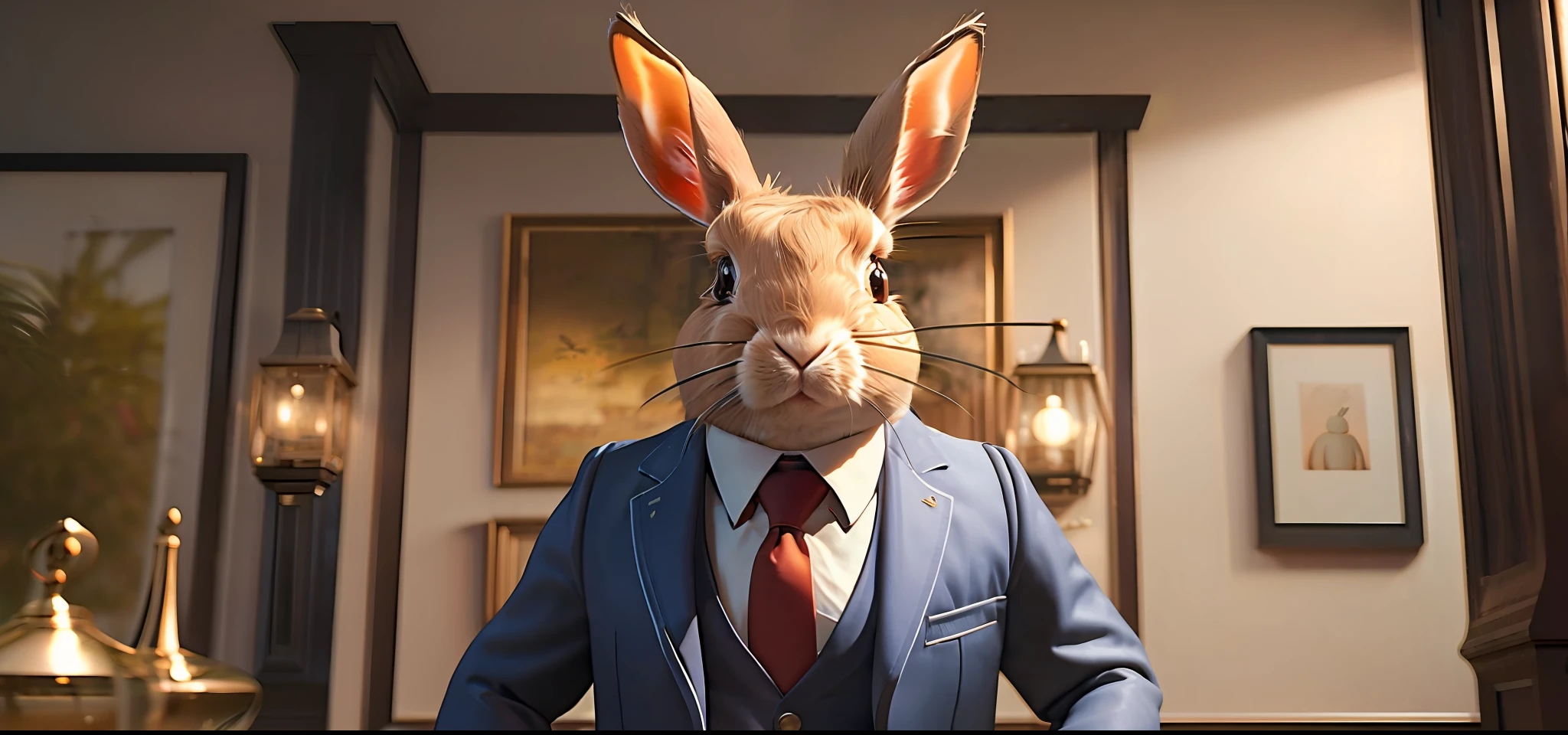 (Best quality),(masterpiece),(ultra detailed),(high detailed),(extremely detailed),rabbit in a suit, vray, 8k, cinematic, photorealistic, intricate, extremely detailed, matte painting, cinematic, unreal engine 5, hyper detailed, volumetric lighting,