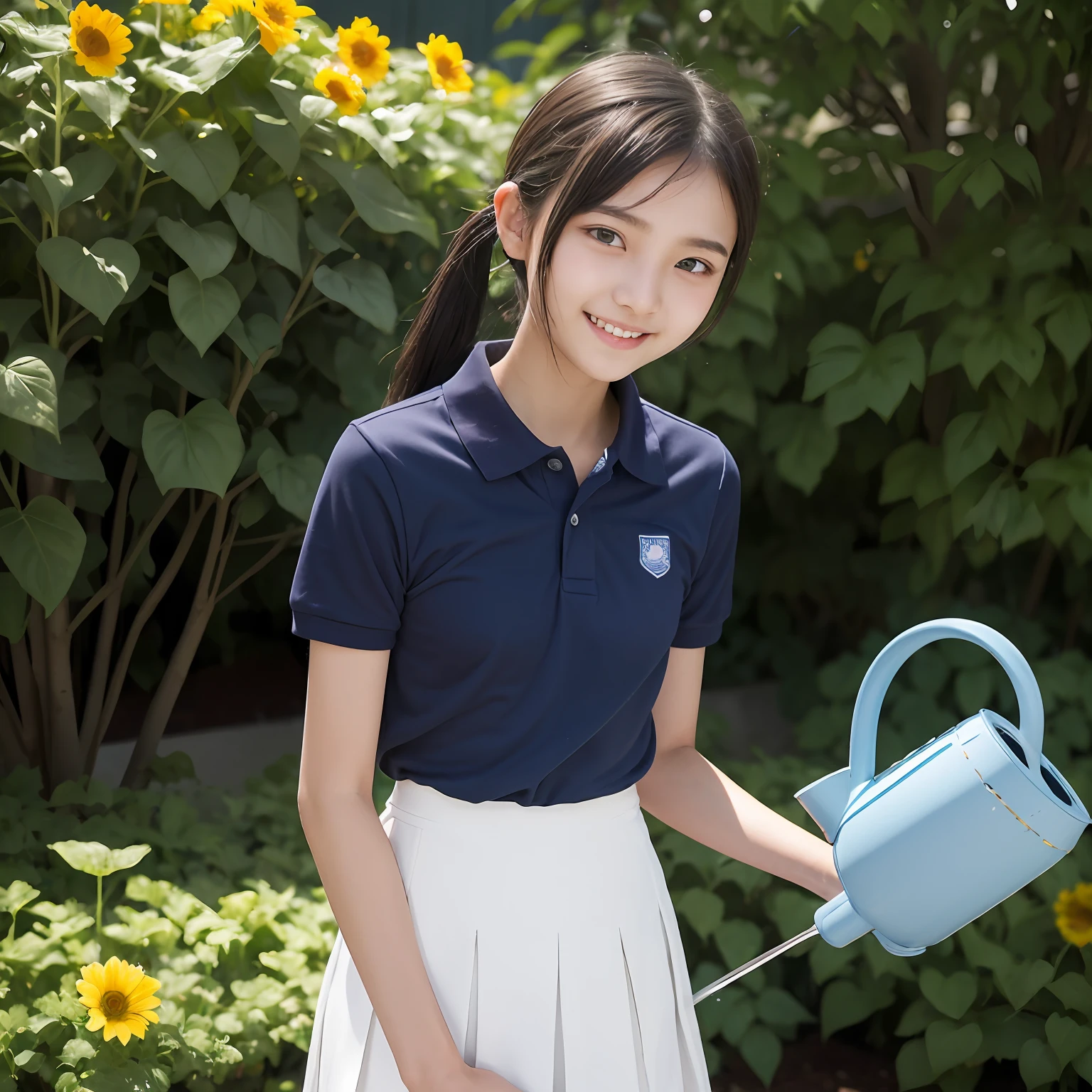slim figure, femele, Dark blue polo shirt, white pleats skirt, , A smile, Watering in the garden, bangss, (((a junior high school student))), Short Bob Twin Tail Hair,realskin, ((())), bangss, hoses, Sun flower, watering can